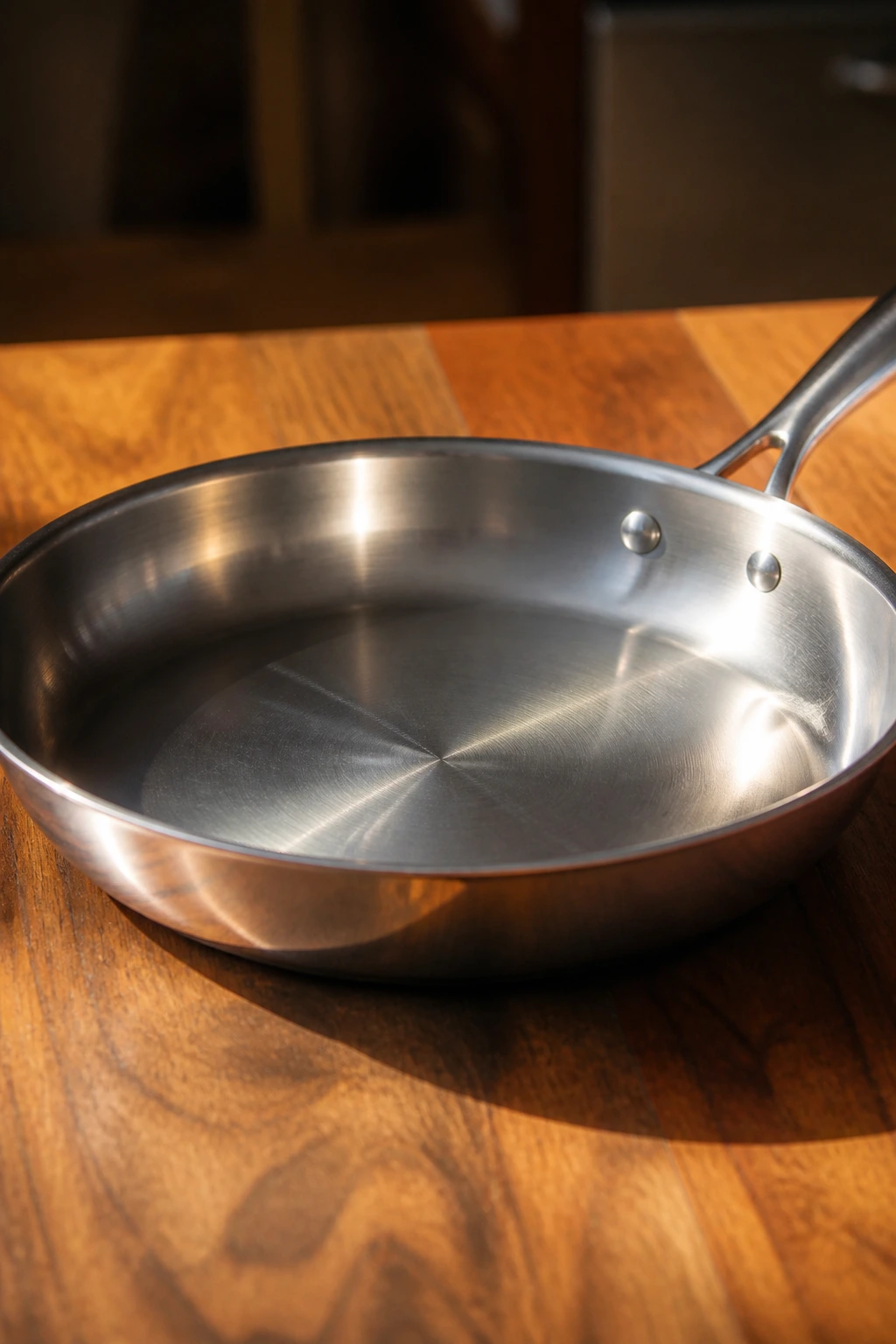 Close-up of a gleaming 12-inch skillet in a kitchen