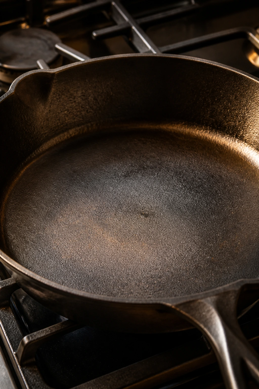 Close-up of a heavy skillet on a stove.