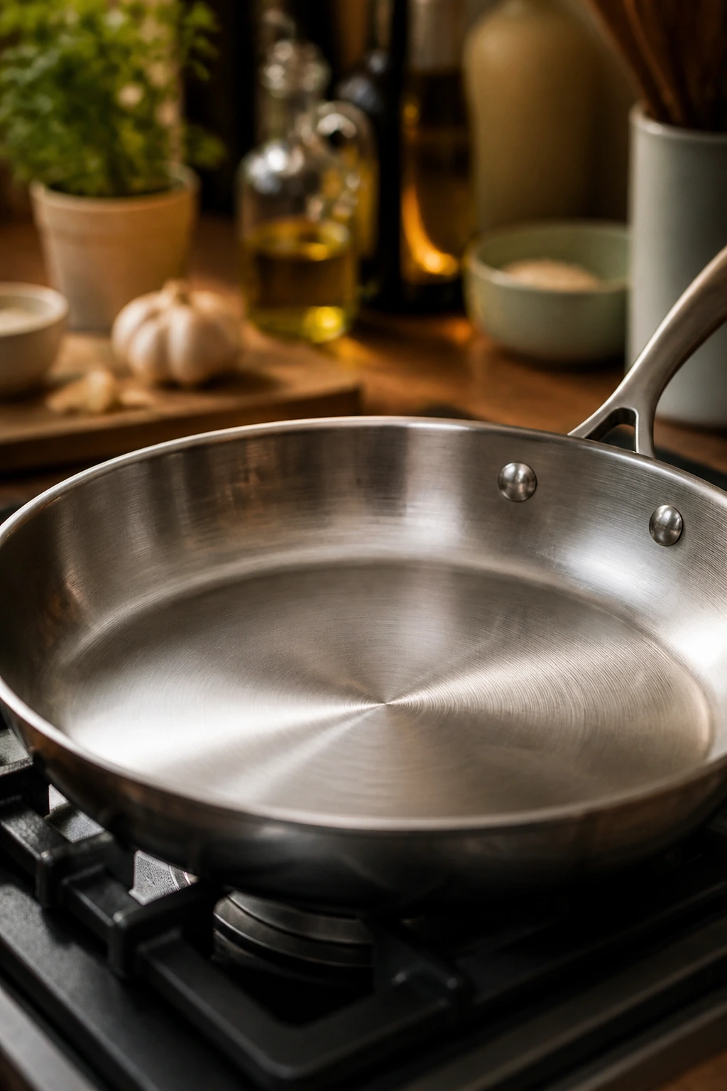 Close-up of a large skillet dominating the frame in a home kitchen, representing essential cooking equipment.