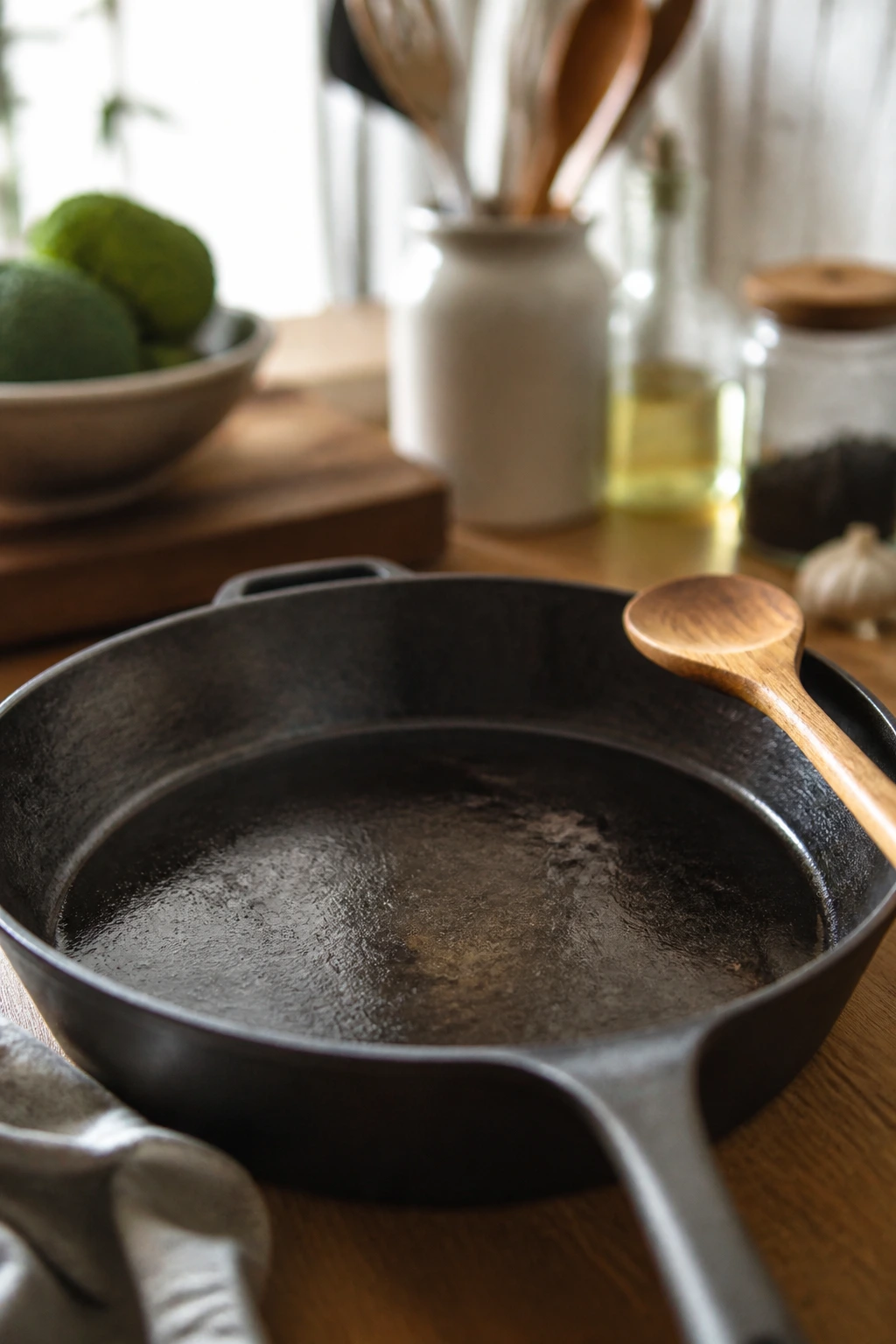 Close-up of a seasoned 12-inch skillet with wooden spoon.