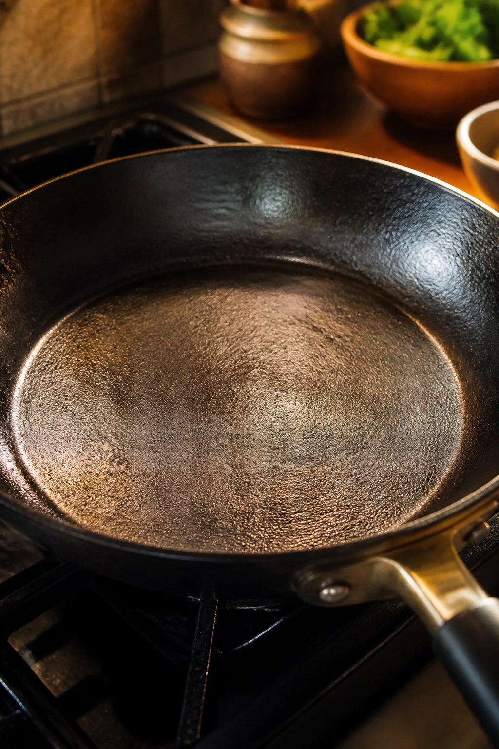 Large skillet dominating the frame in a kitchen