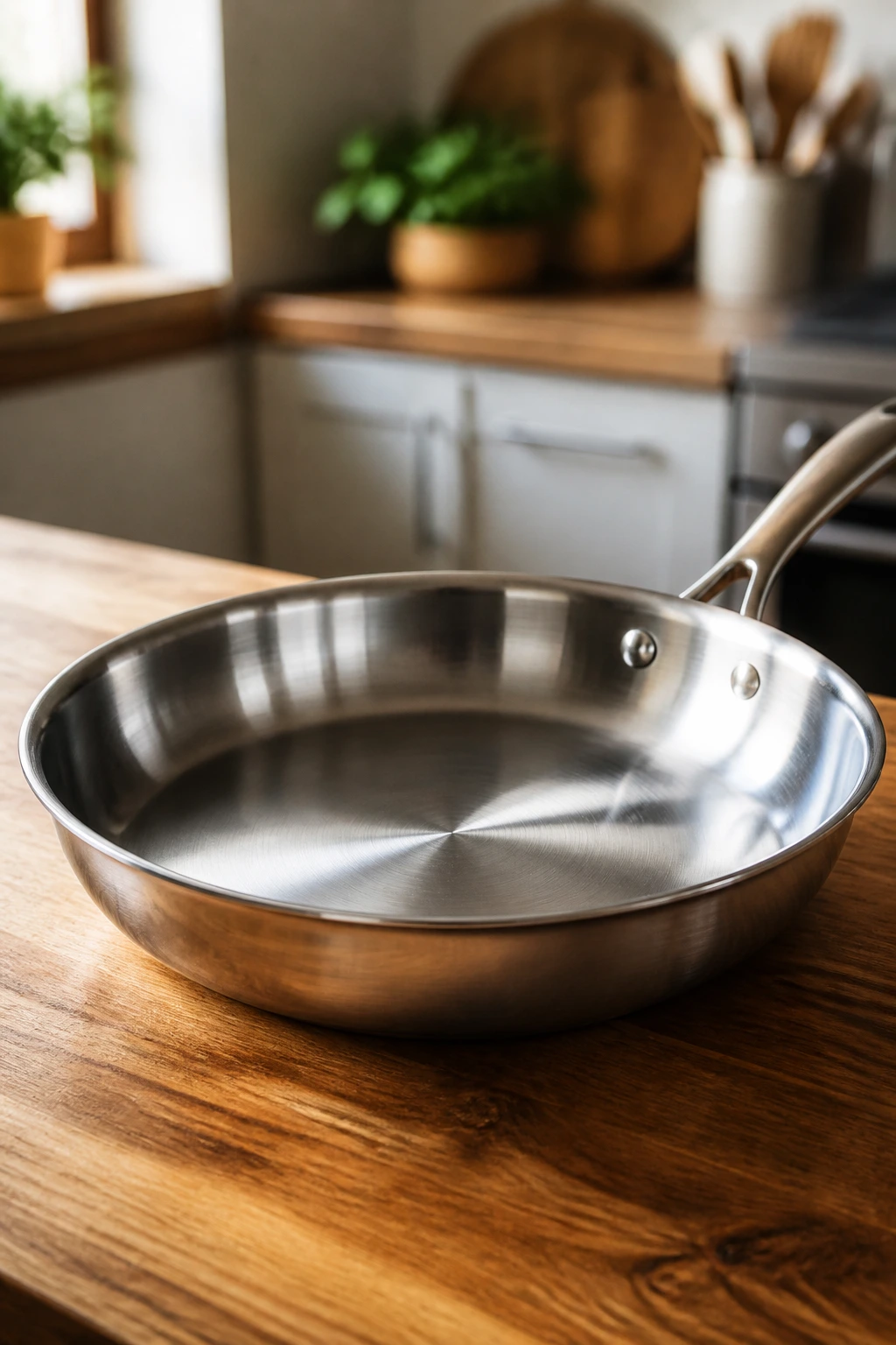 Close-up of a shiny 12-inch skillet on a wooden counter, showcasing essential kitchen equipment