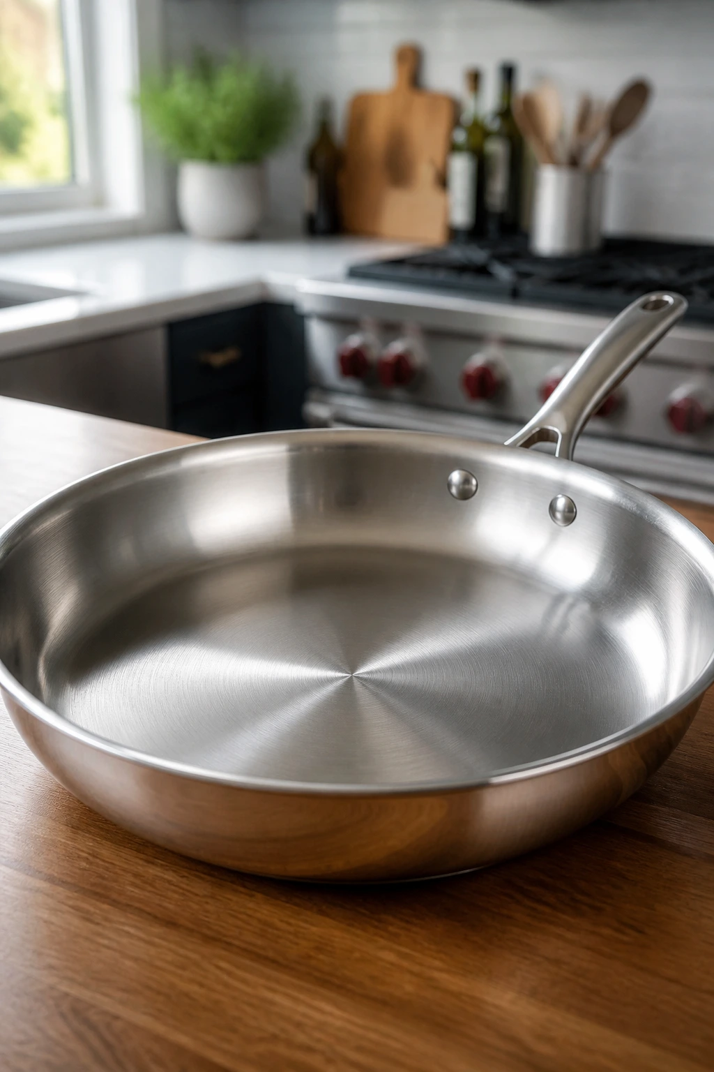 Close-up of a 12-inch skillet filling the frame on a kitchen counter