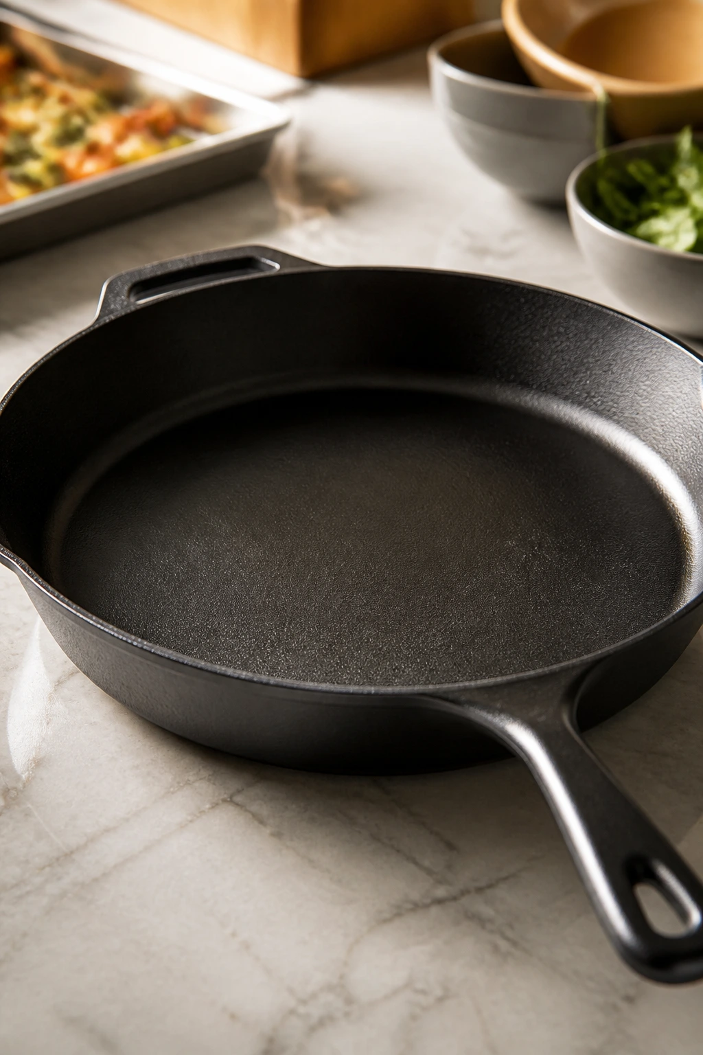Close-up of a large skillet dominating a kitchen counter, symbolizing essential equipment for high-protein recipes.