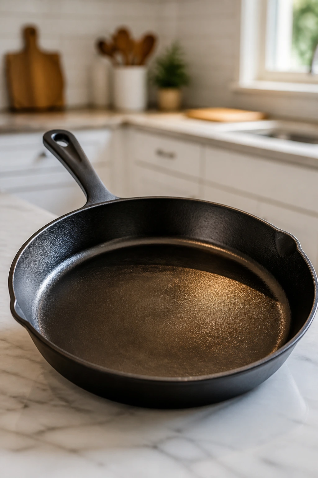 Close-up of a 12-inch skillet on a kitchen counter as essential equipment
