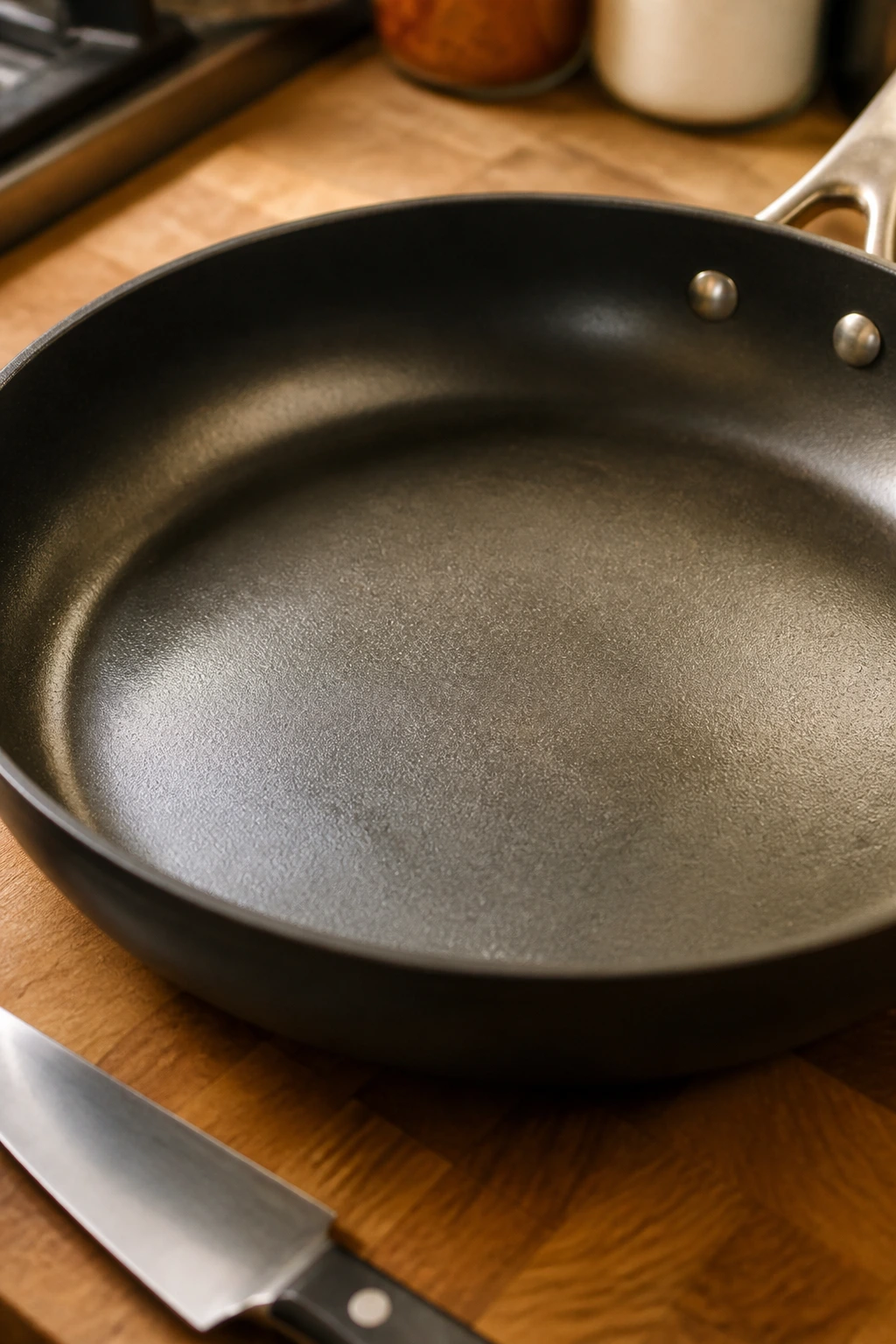 Large skillet dominating the frame on a kitchen counter