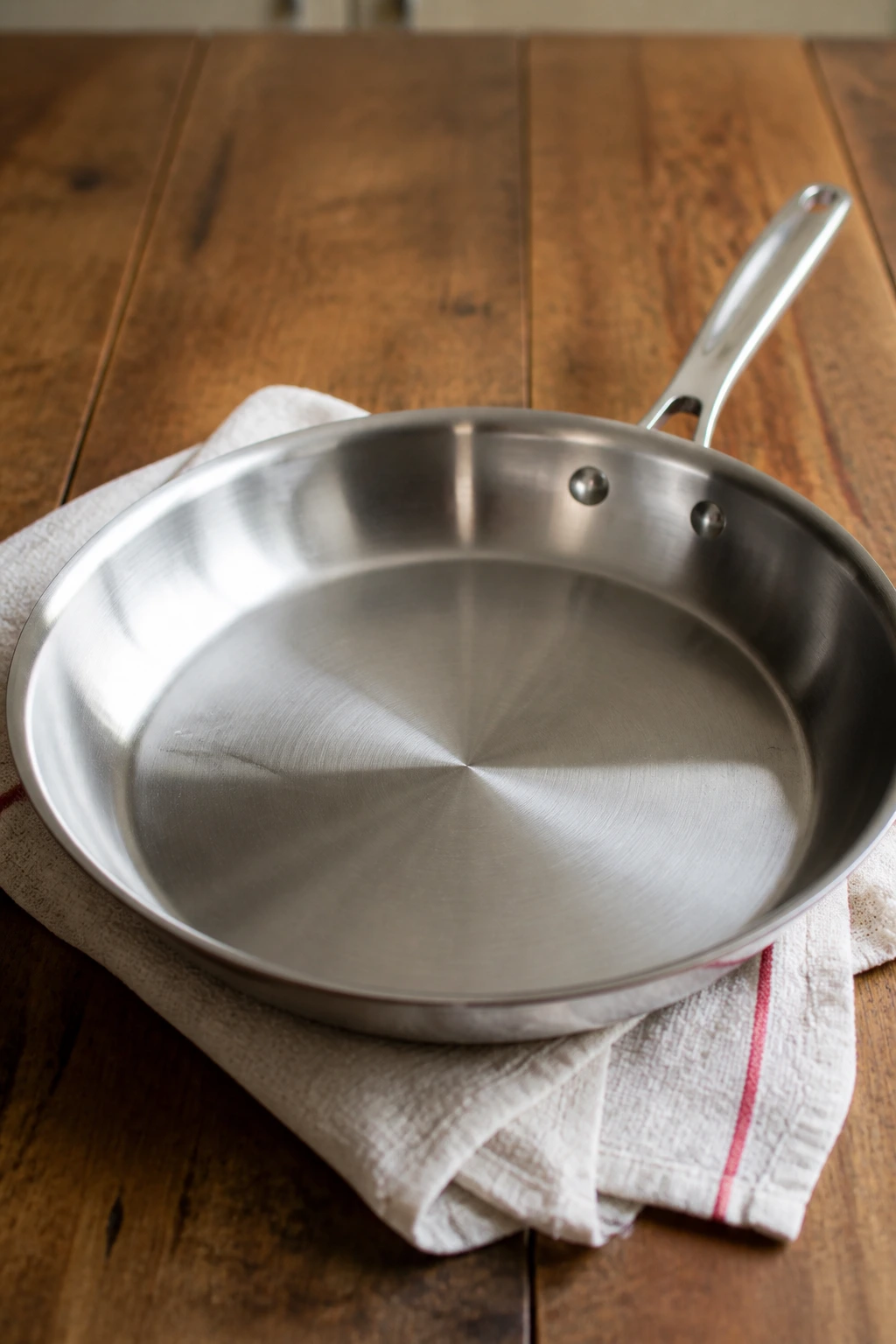 12-inch skillet on a wooden counter in a kitchen.