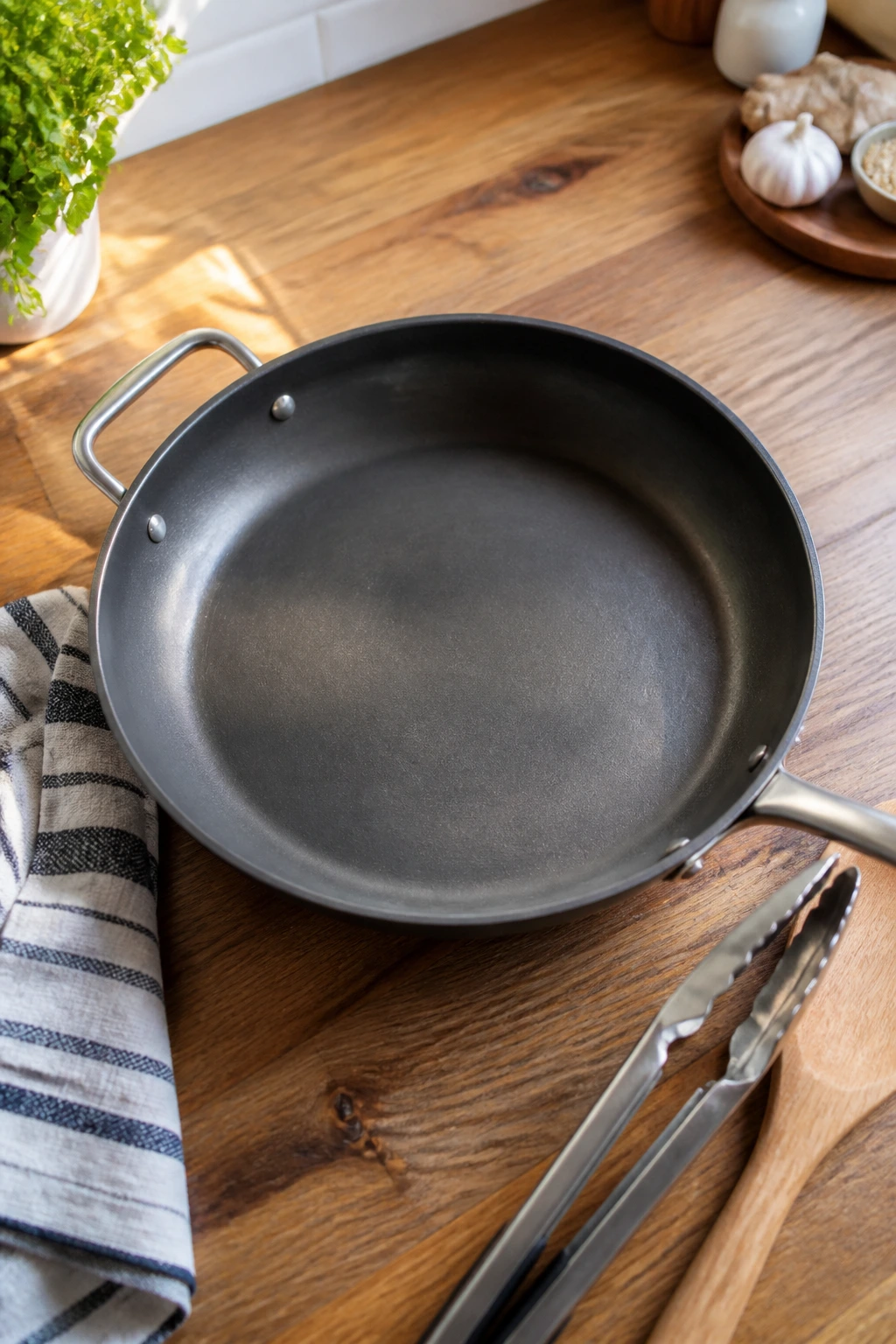 Top-down view of a clean 12-inch skillet on a wooden counter