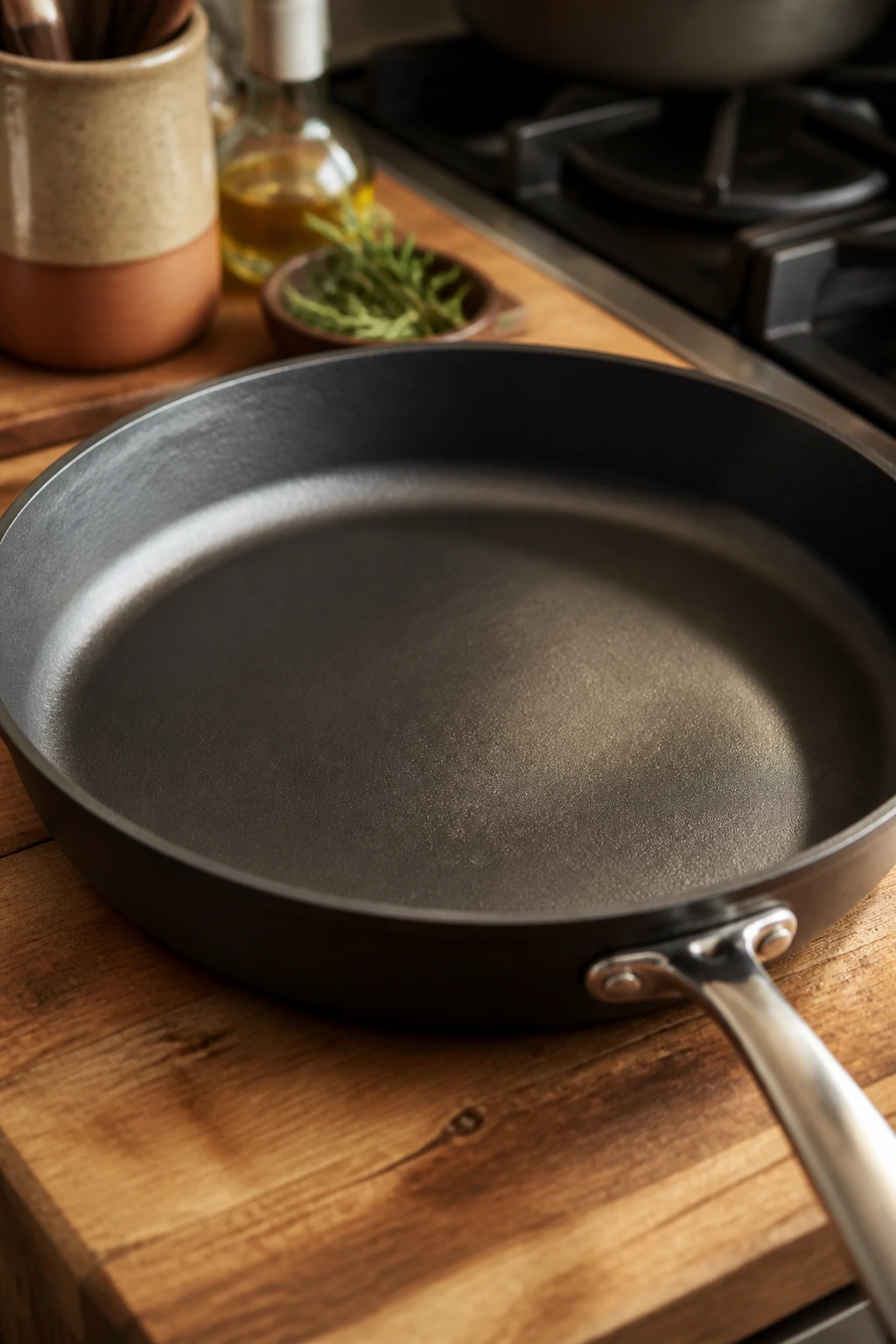 Close-up of a heavy skillet on a wooden counter in a warm kitchen
