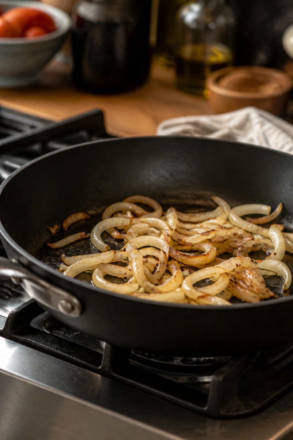 Close-up of a cast-iron skillet with onions browning on a stove