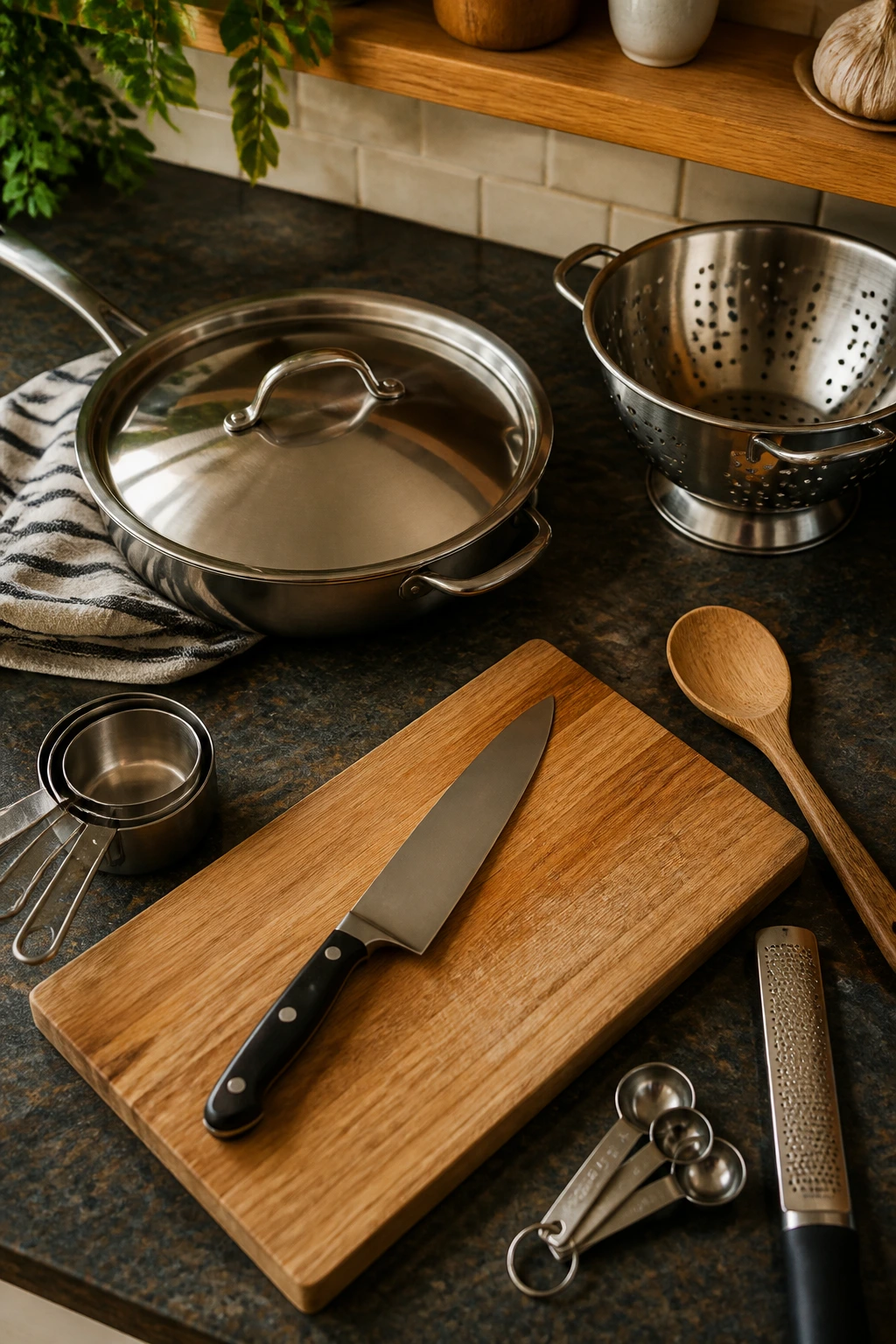 Skillet, knife, cutting board, spoon, measuring cups, colander, and microplane on a kitchen counter