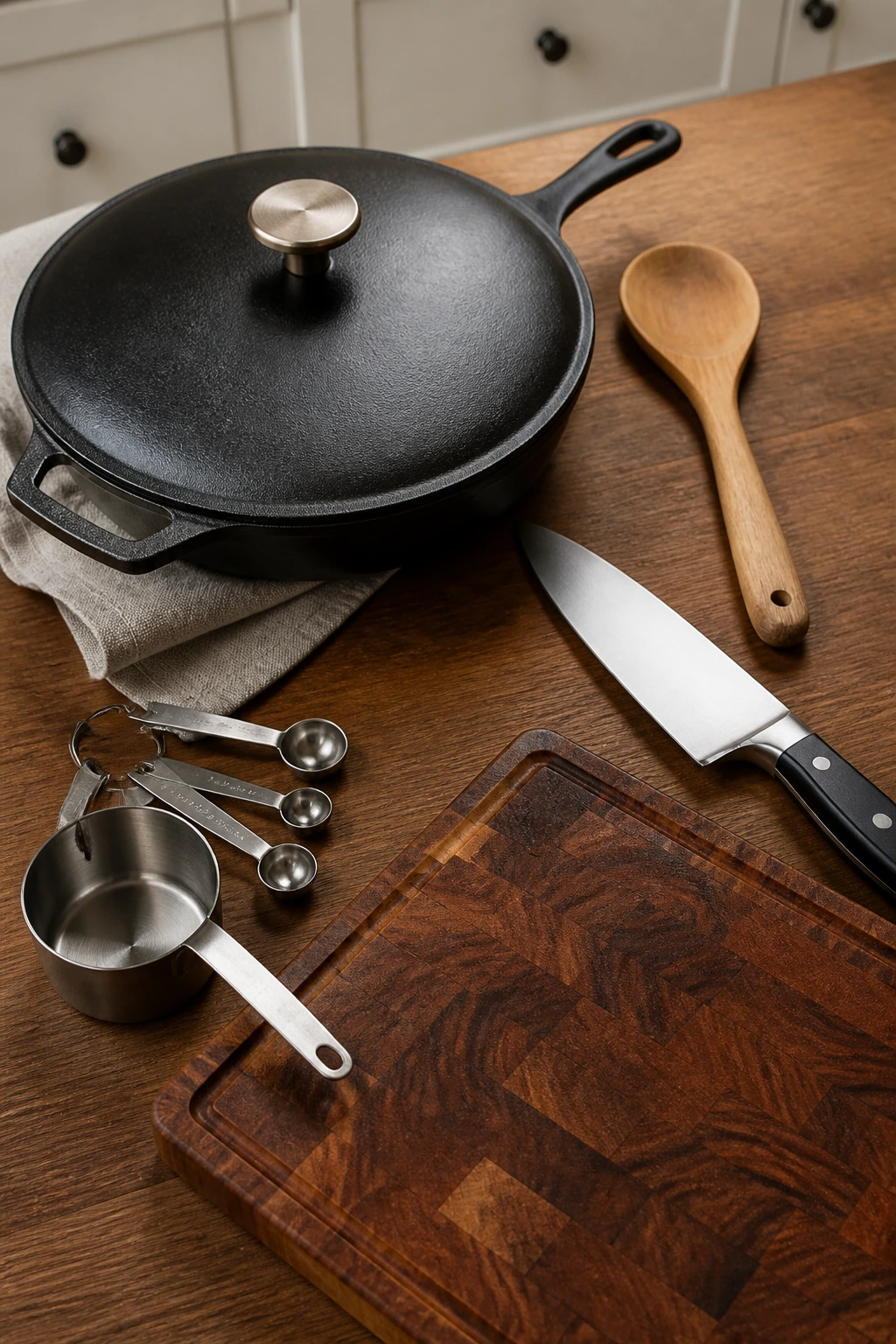 Top-down view of essential skillet tools on a wooden counter