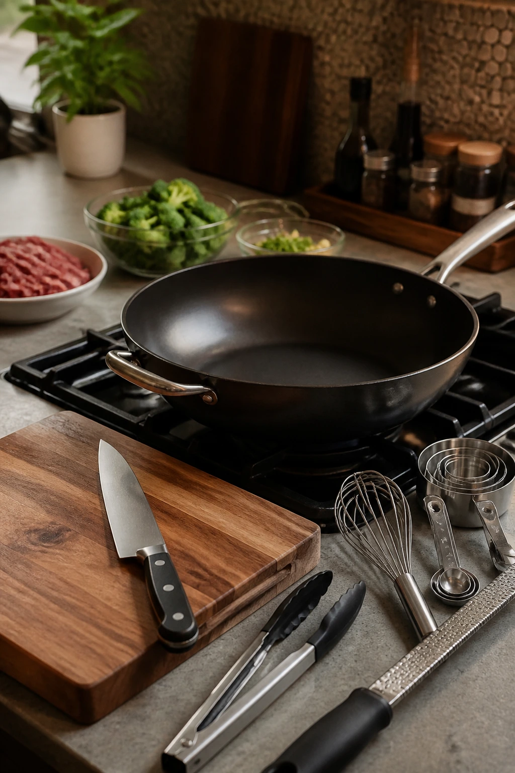 Stir-fry tools and skillet arranged on kitchen counter