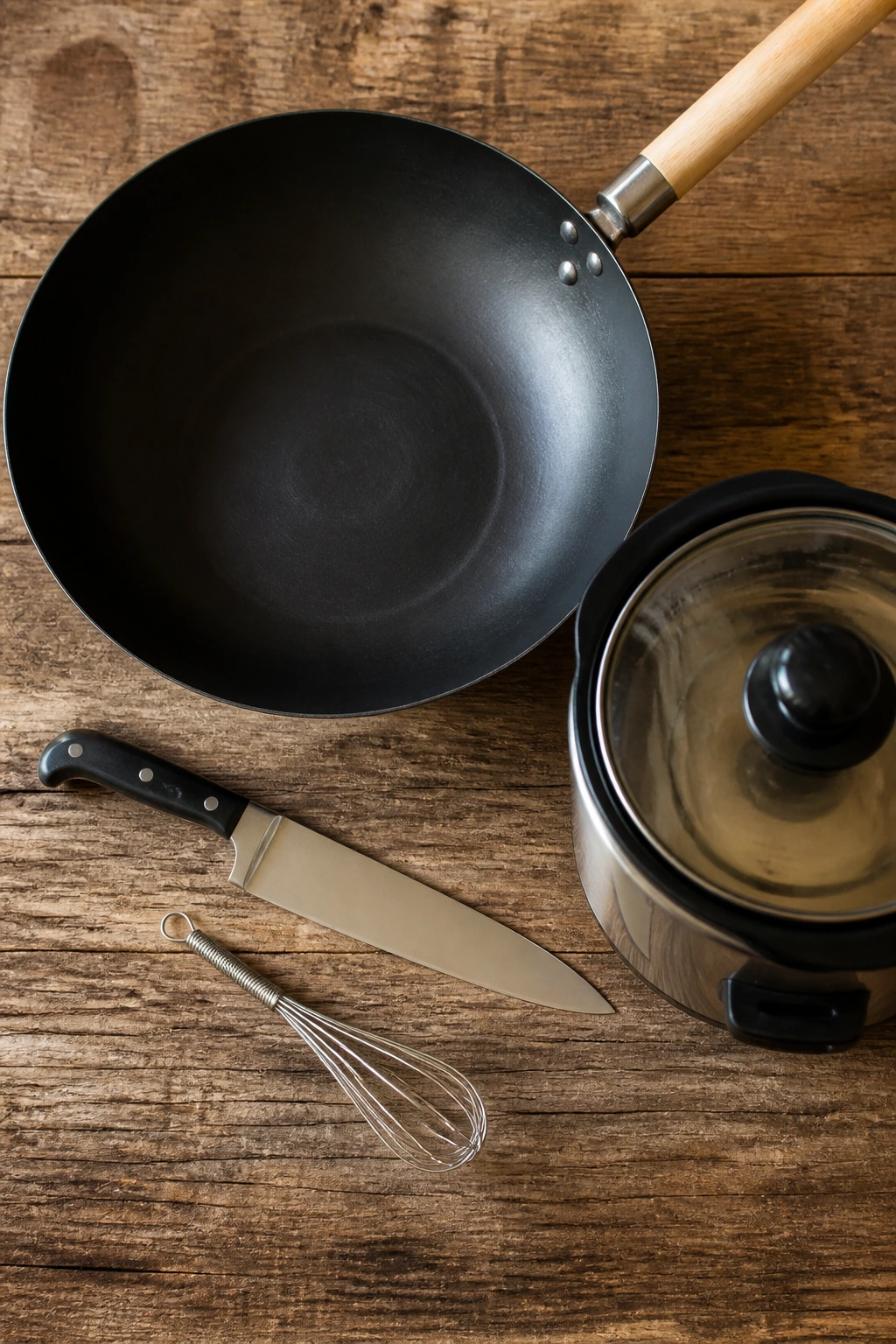 Top-down shot of skillet, knife, whisk, and rice cooker as essential equipment.