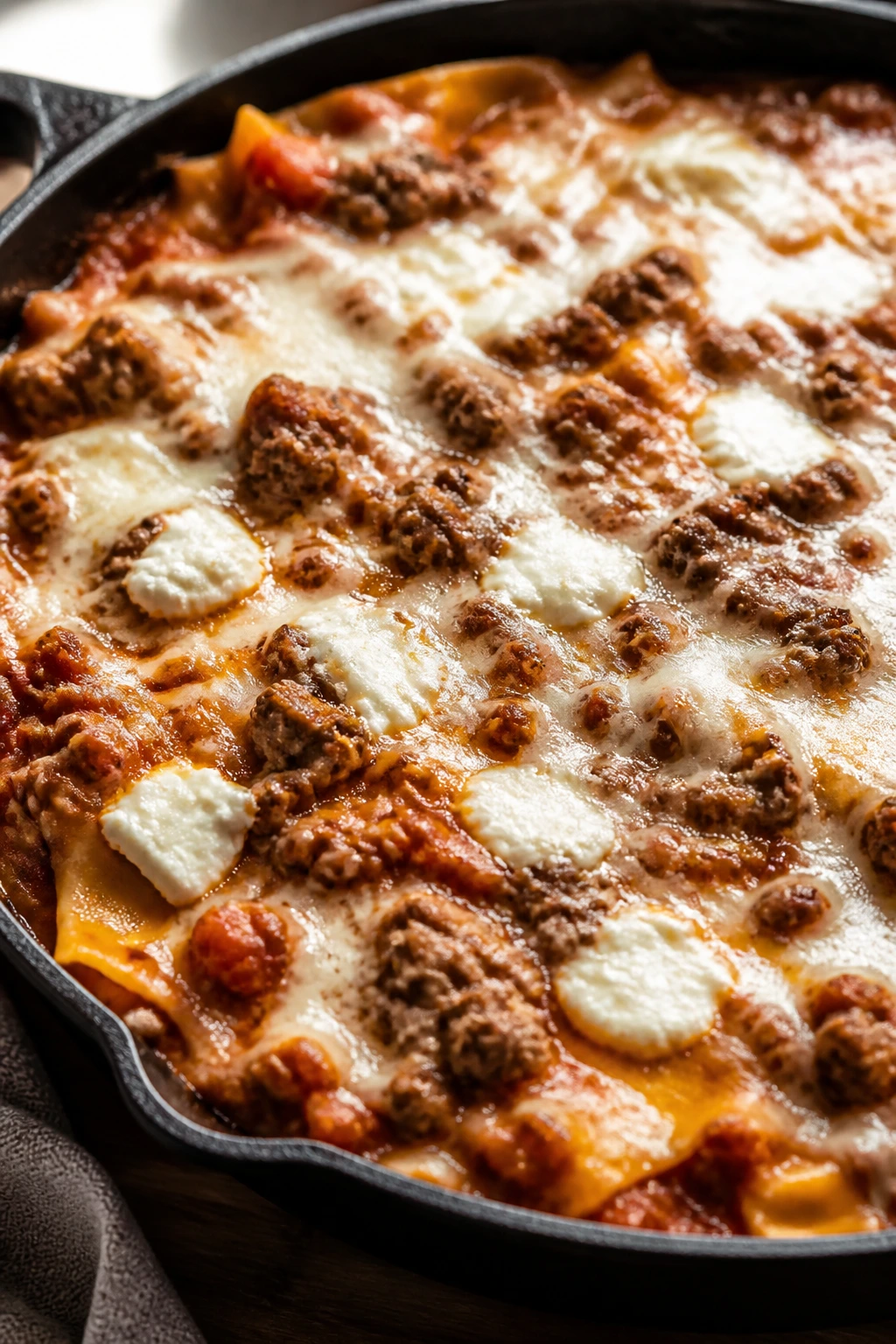 Close-up of skillet lasagna with beef and sausage, bubbling with cheese.