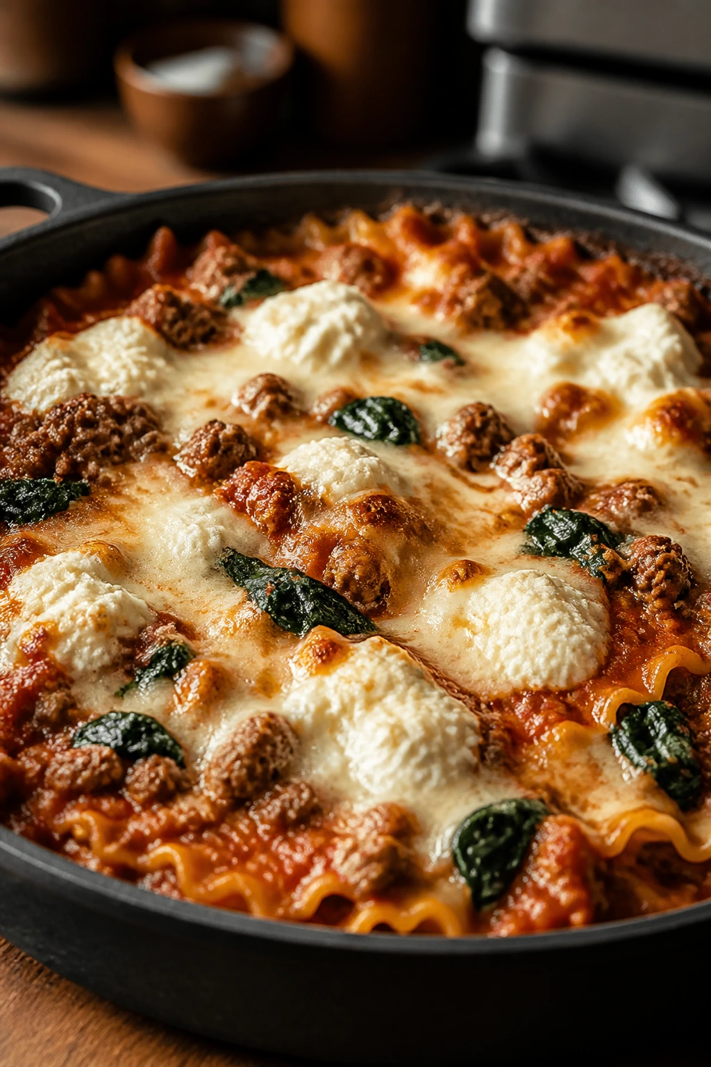 Close-up of Skillet Lasagna with Beef and Spinach showing noodles and melted cheese