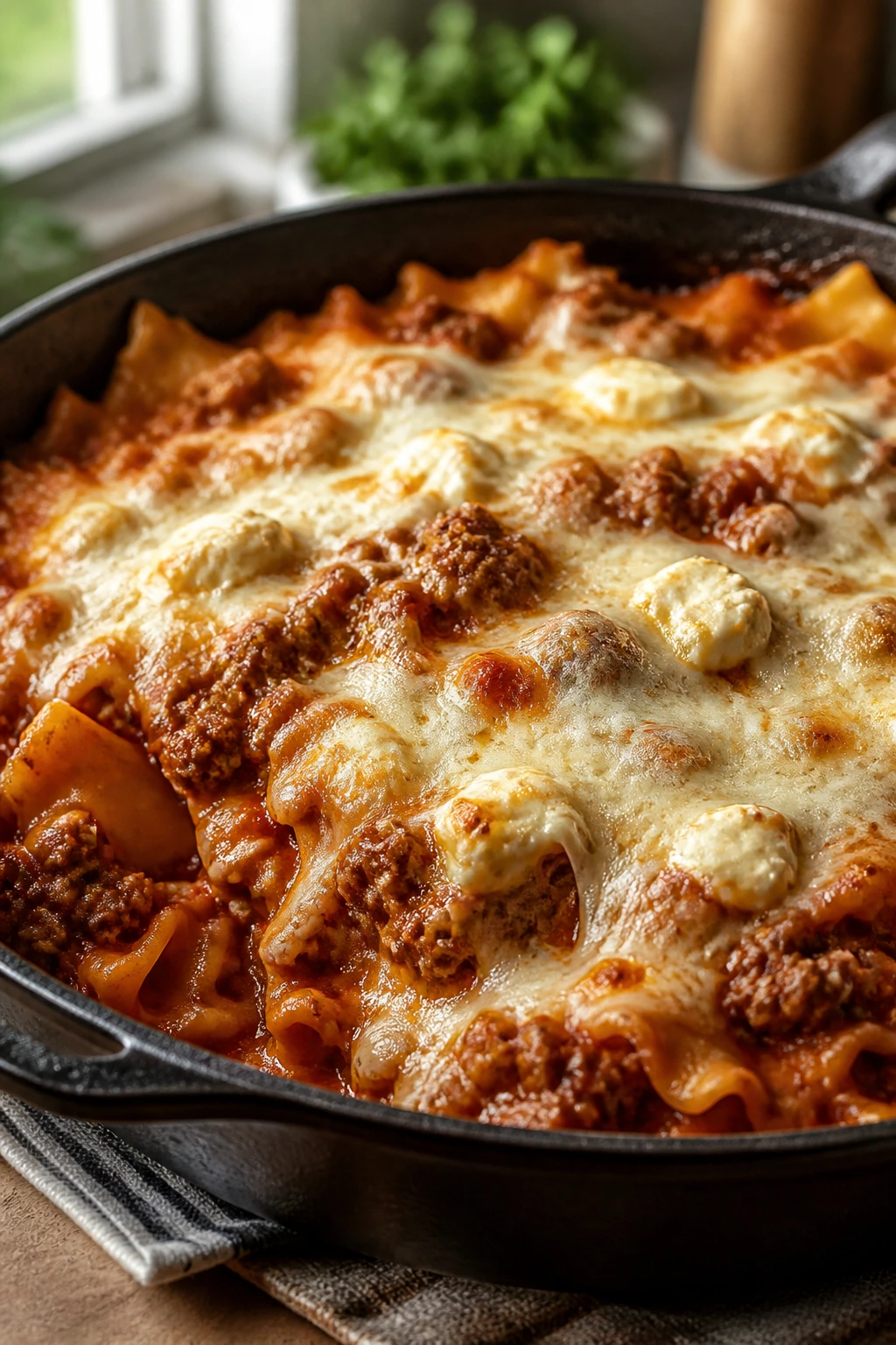 Close-up of skillet lasagna in cast iron with melted mozzarella and ricotta pockets.