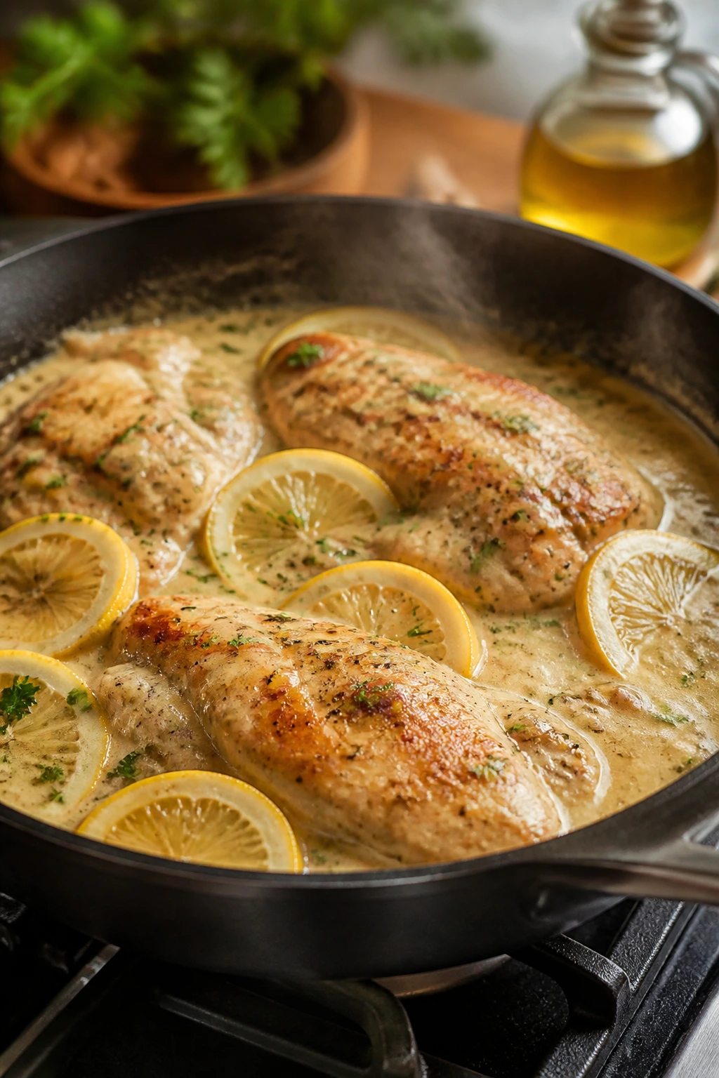 Skillet with creamy lemon chicken filling the frame.