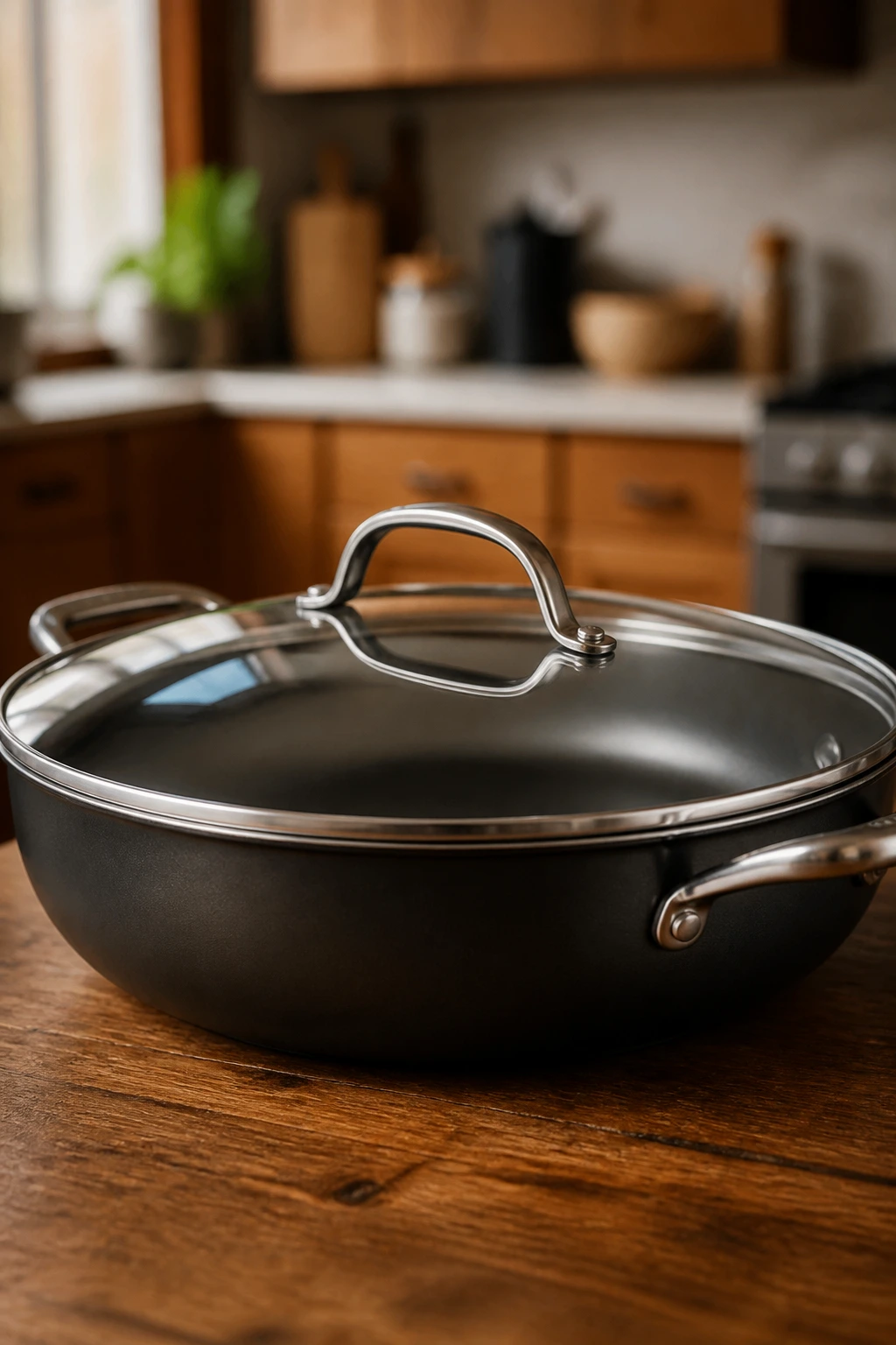 Large skillet with lid as the essential kitchen equipment hero