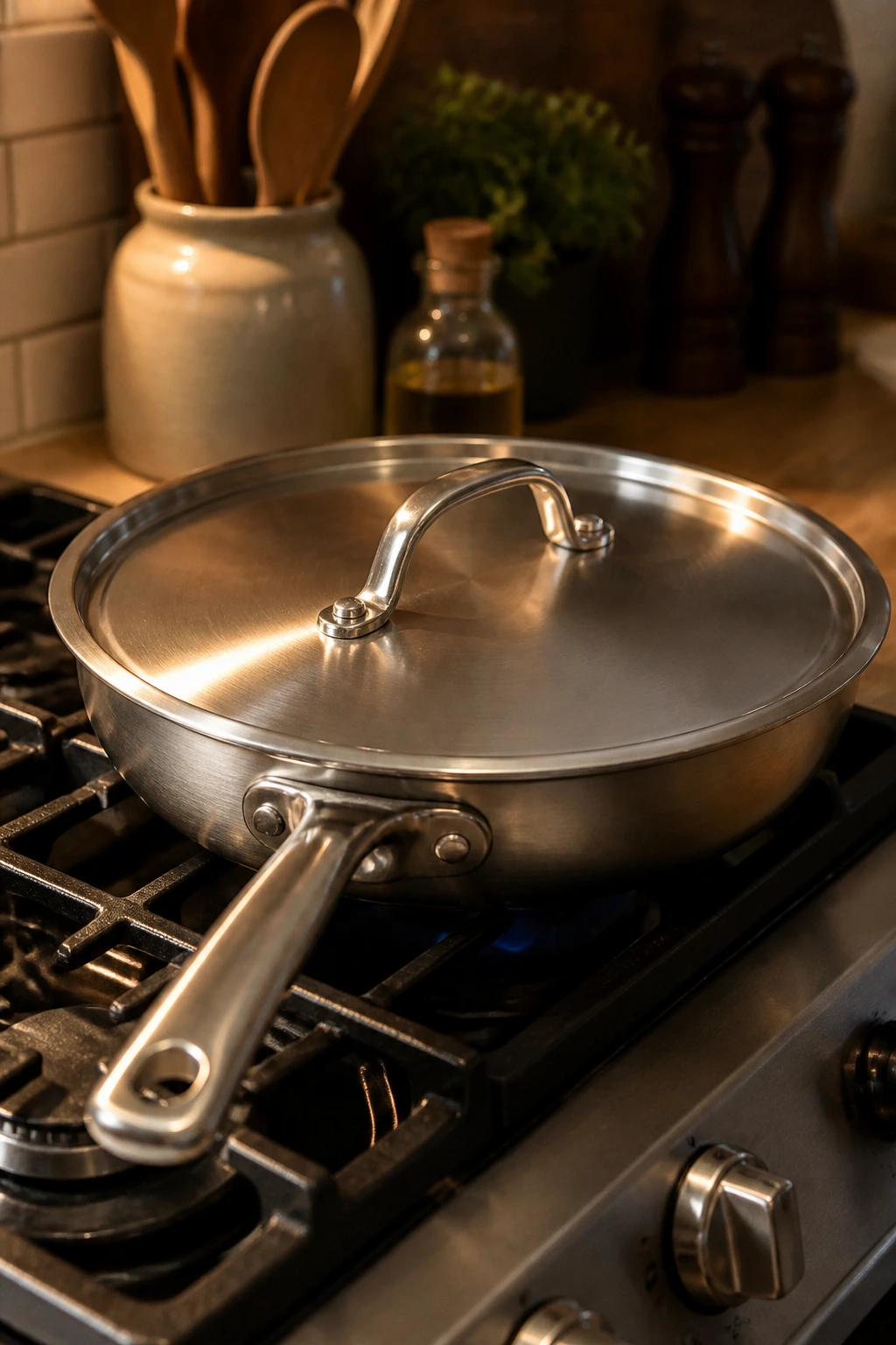 Close-up of a 12-inch skillet with lid on a kitchen stove