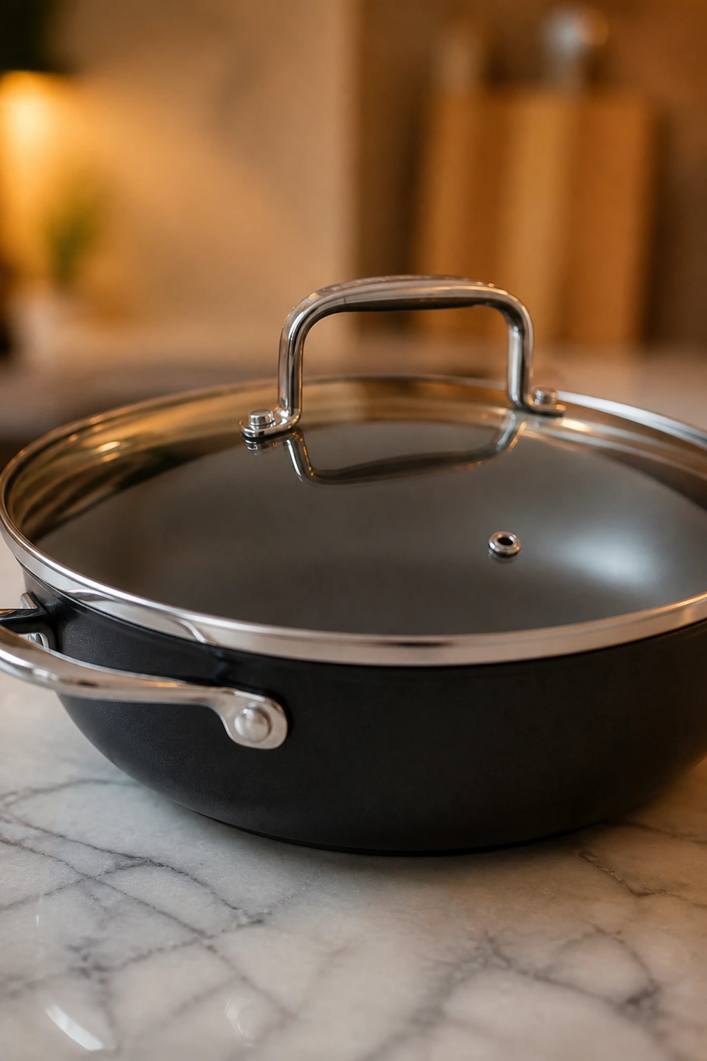 Large skillet with lid on a kitchen counter.