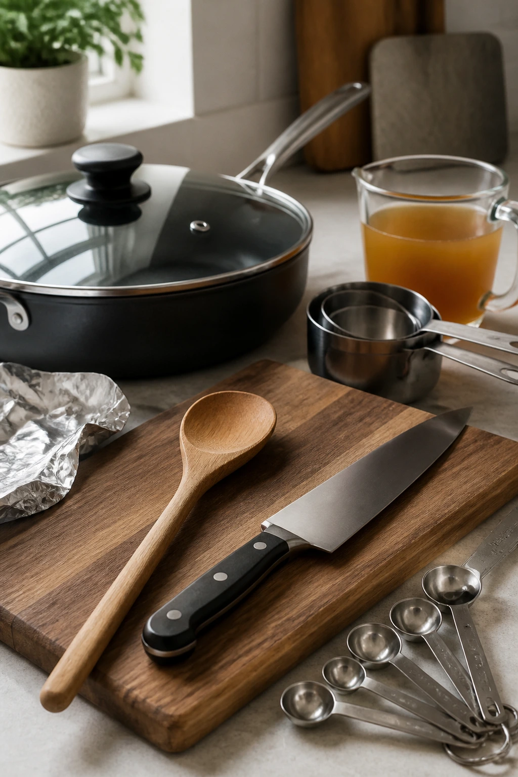 Tools for hamburger and potatoes dinner: skillet, lid, spoon, knife, board