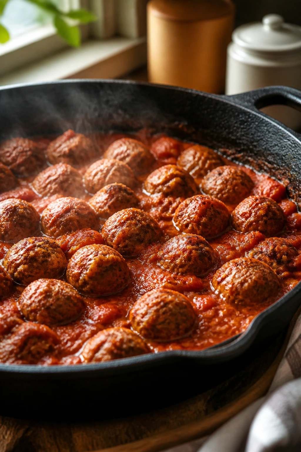 Close-up of meatballs in a skillet highlighting the skillet as the hero