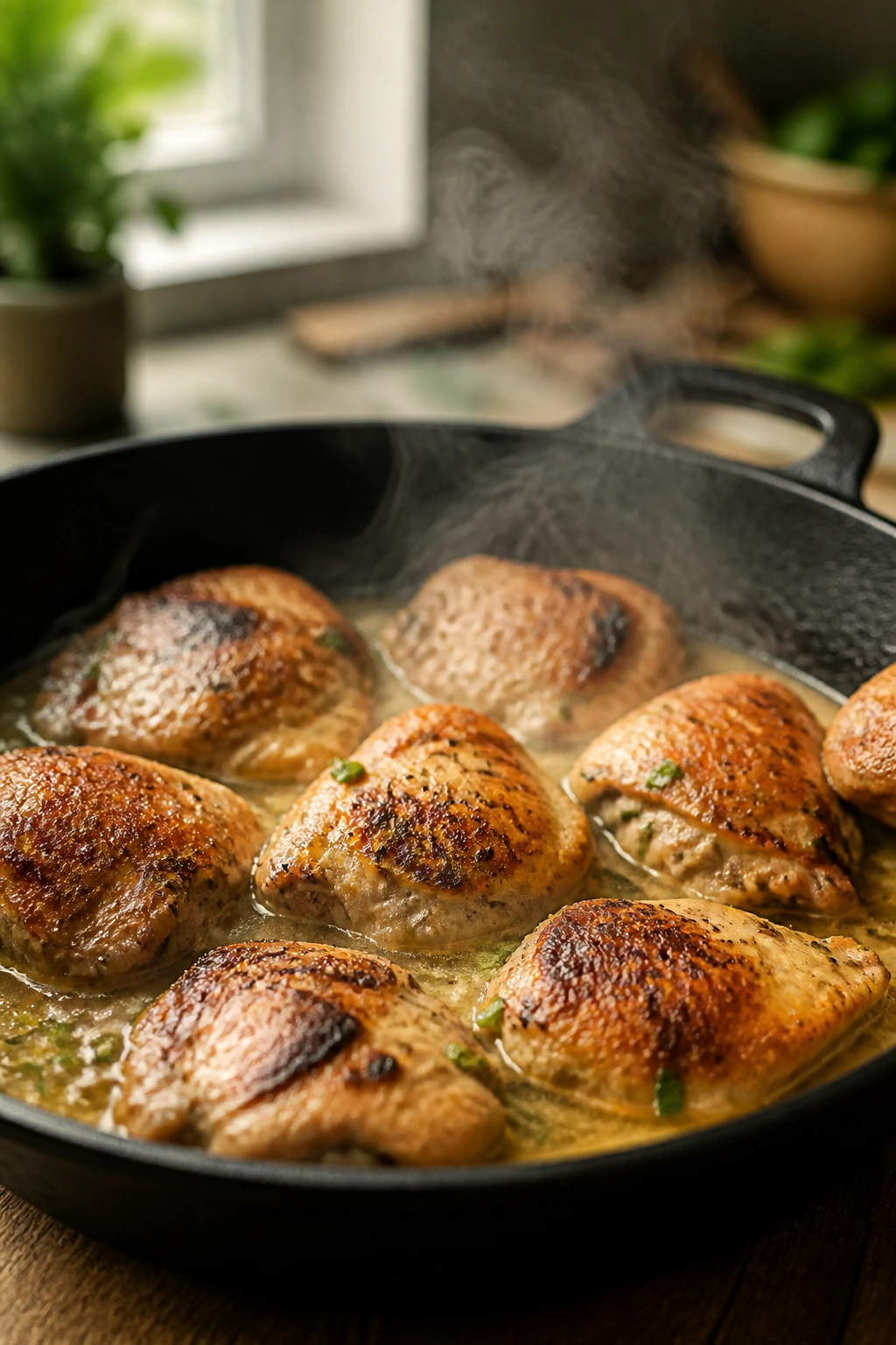 Skillet with chicken braising in broth, steam rising in a kitchen setting.