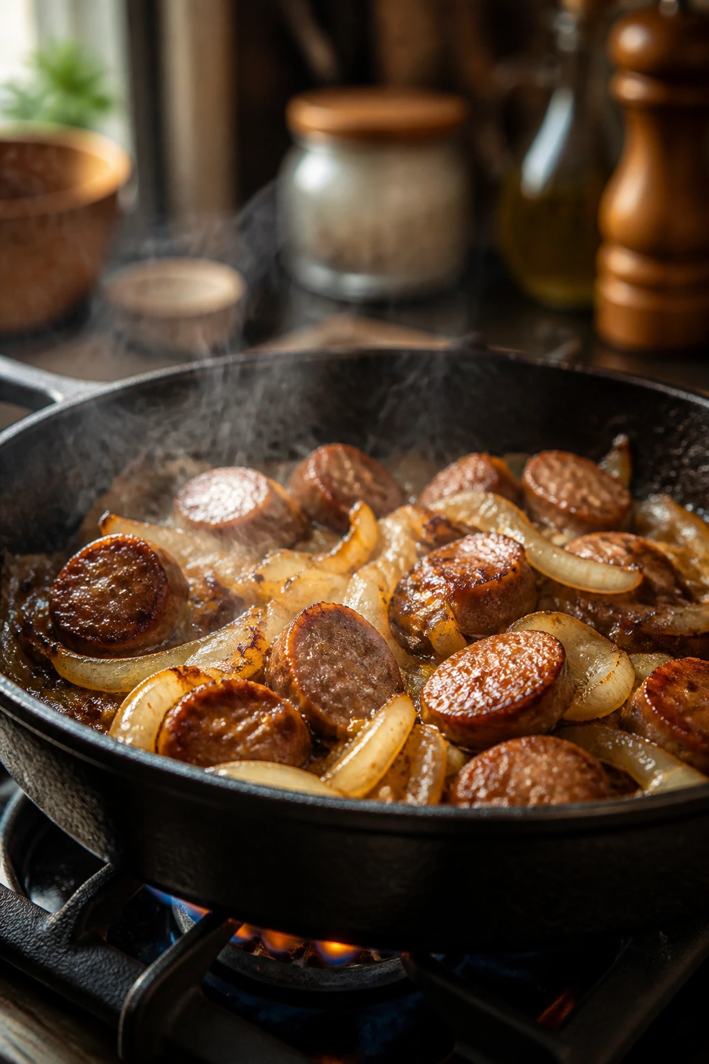 Close-up of a sizzling skillet with sausage and onions in a warm kitchen