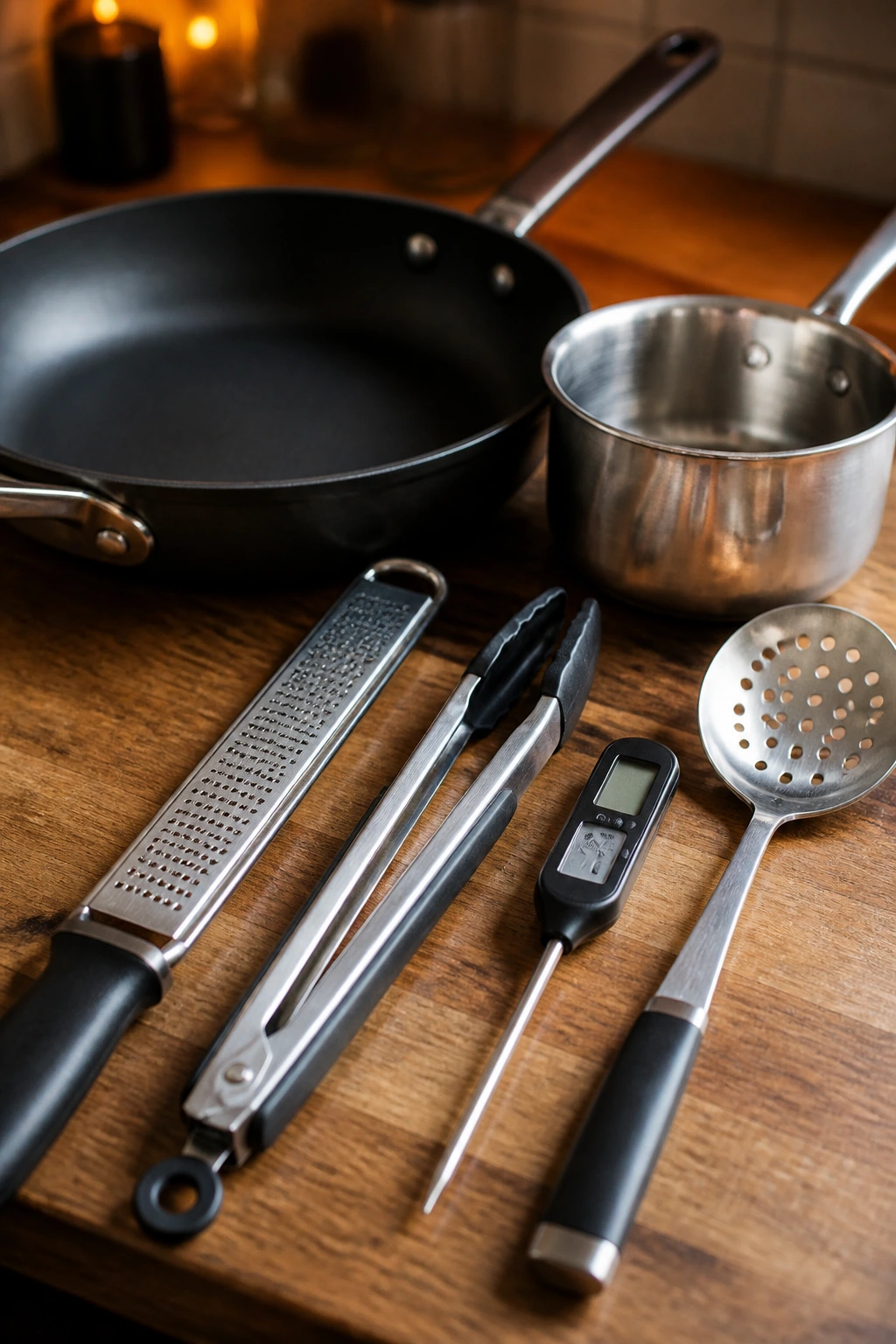 Essential crockpot cooking tools arranged on a wooden surface