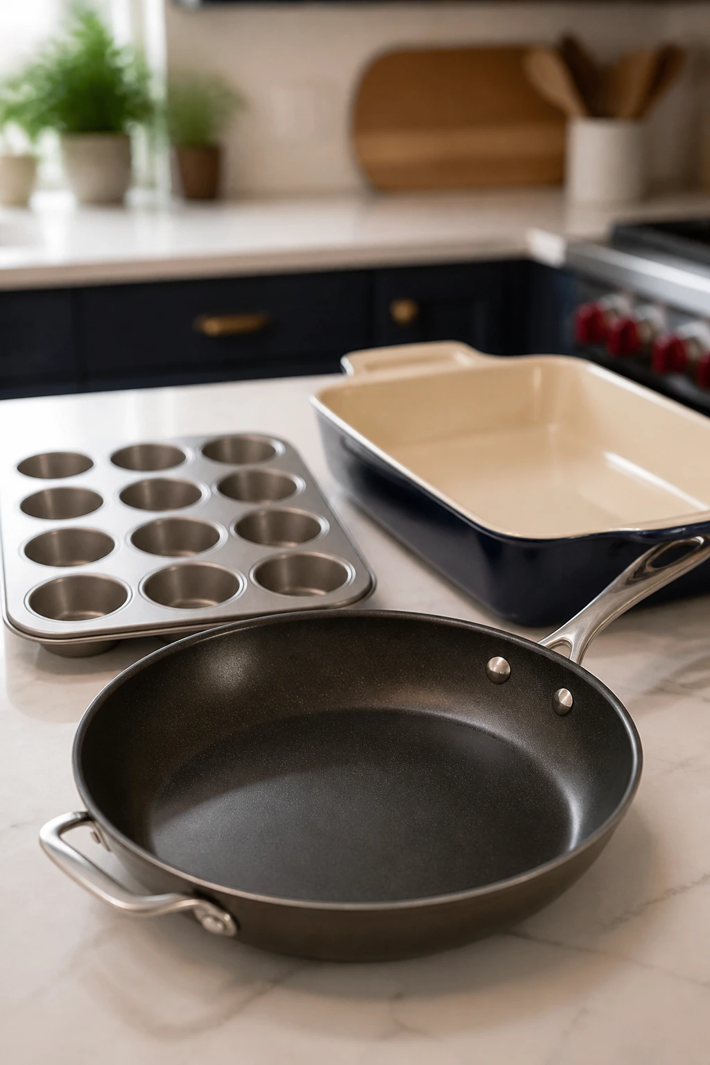 Skillet, muffin tin, and baking dish on a clean kitchen counter