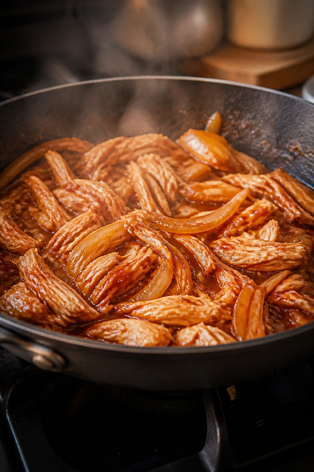 Skillet with chicken and onions cooking in sauce on a stove