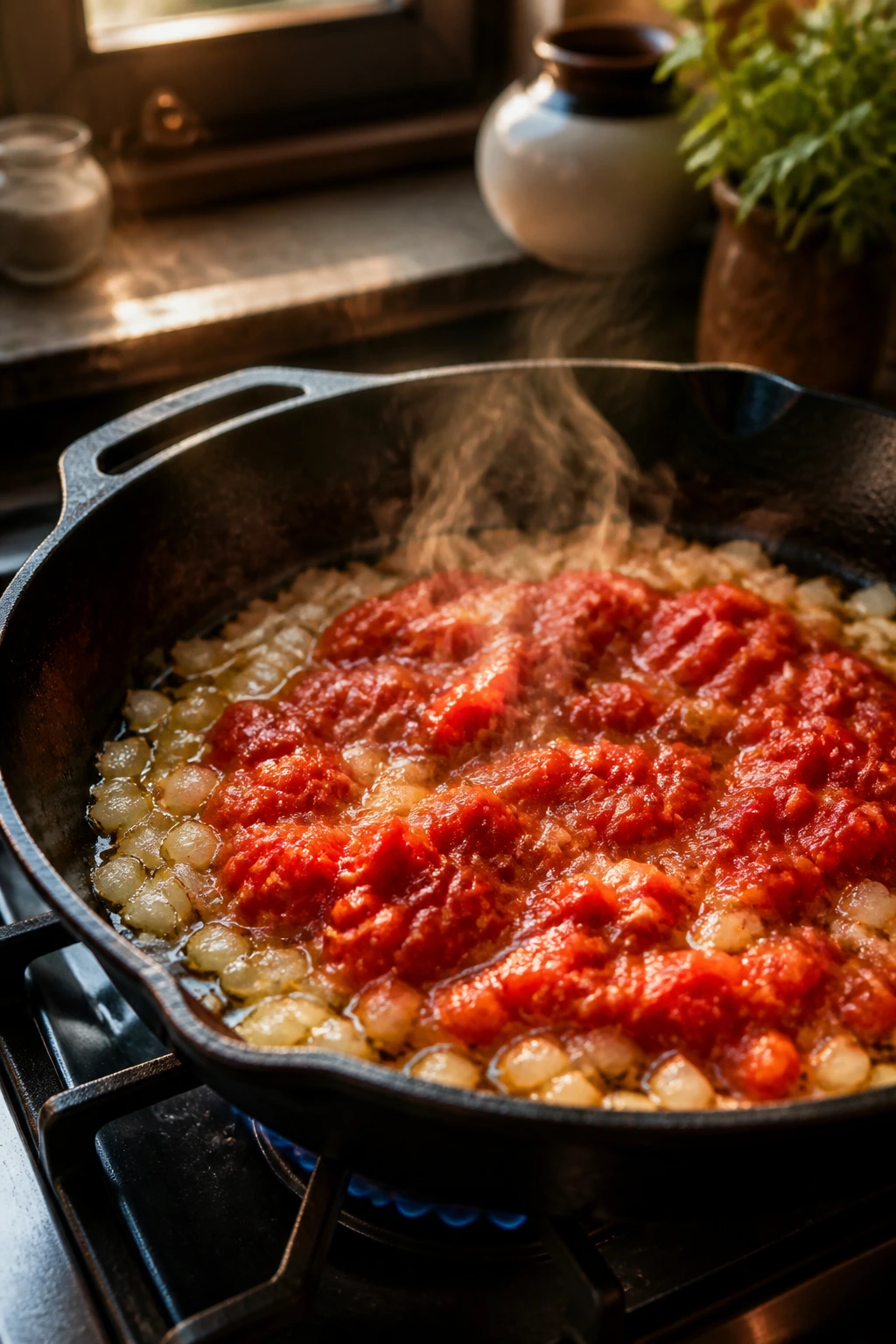 Close-up of a skillet with onion and tomato cooking in olive oil on a stove