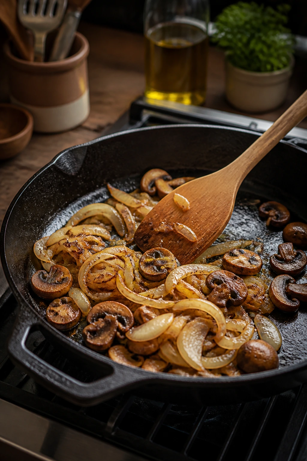 Skillet on stove browning onions and mushrooms in warm kitchen light.