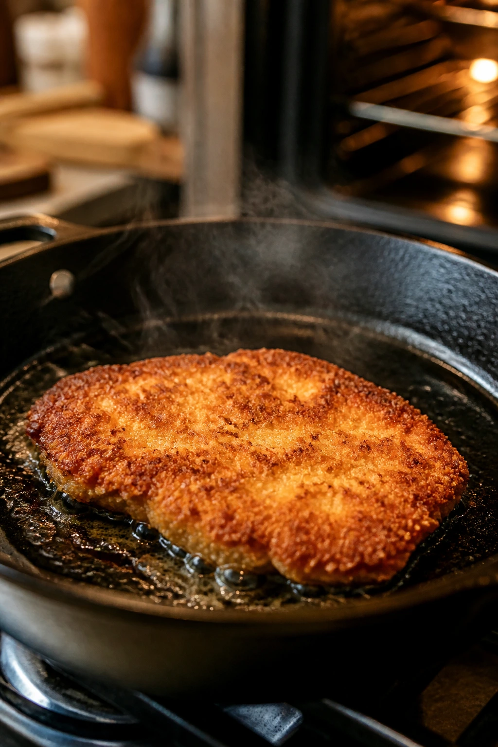Breaded chicken cutlet browning in a cast-iron skillet on the stove