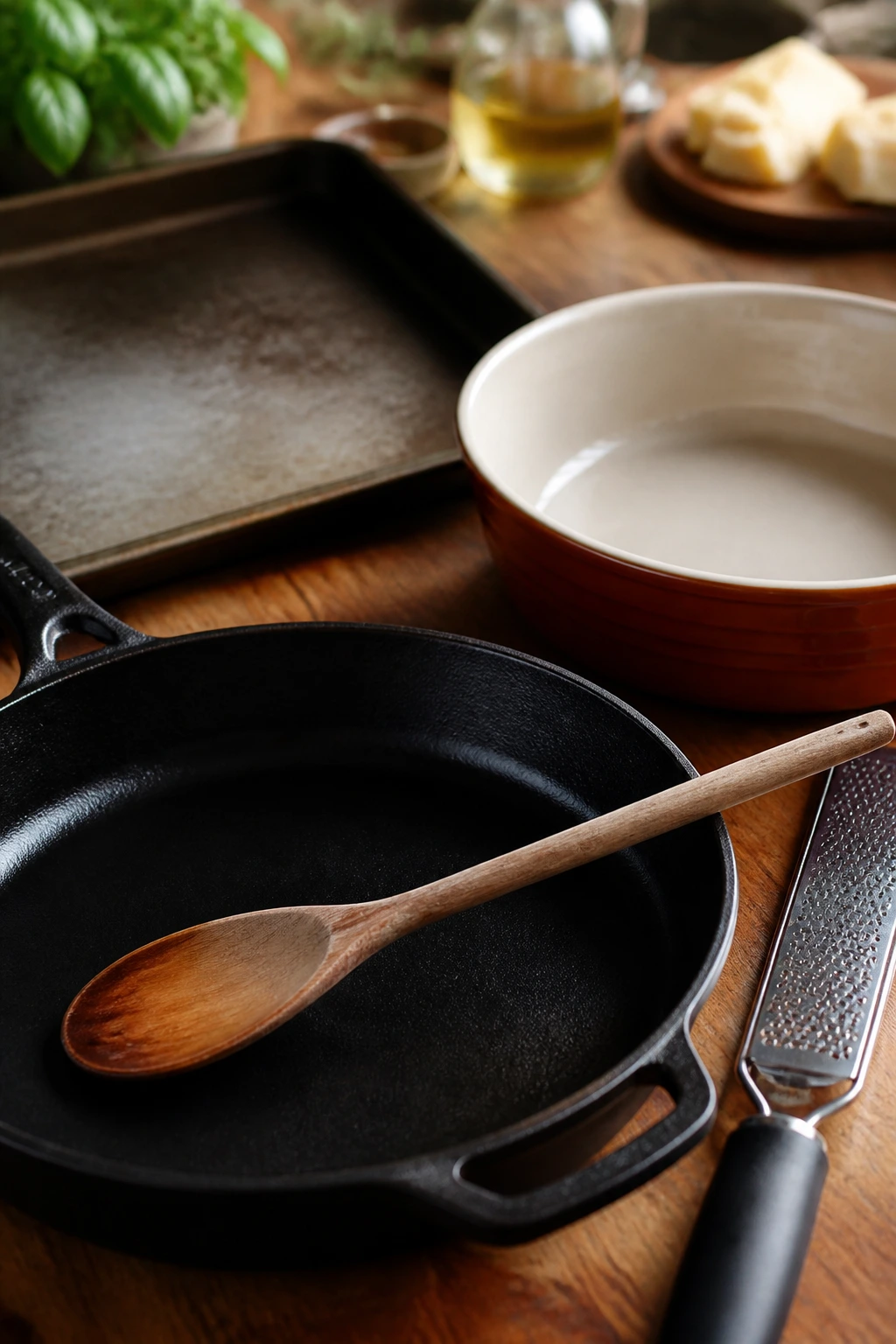 Close-up of essential cooking tools like a skillet, oven-safe bowl, and sheet pan on a wooden counter