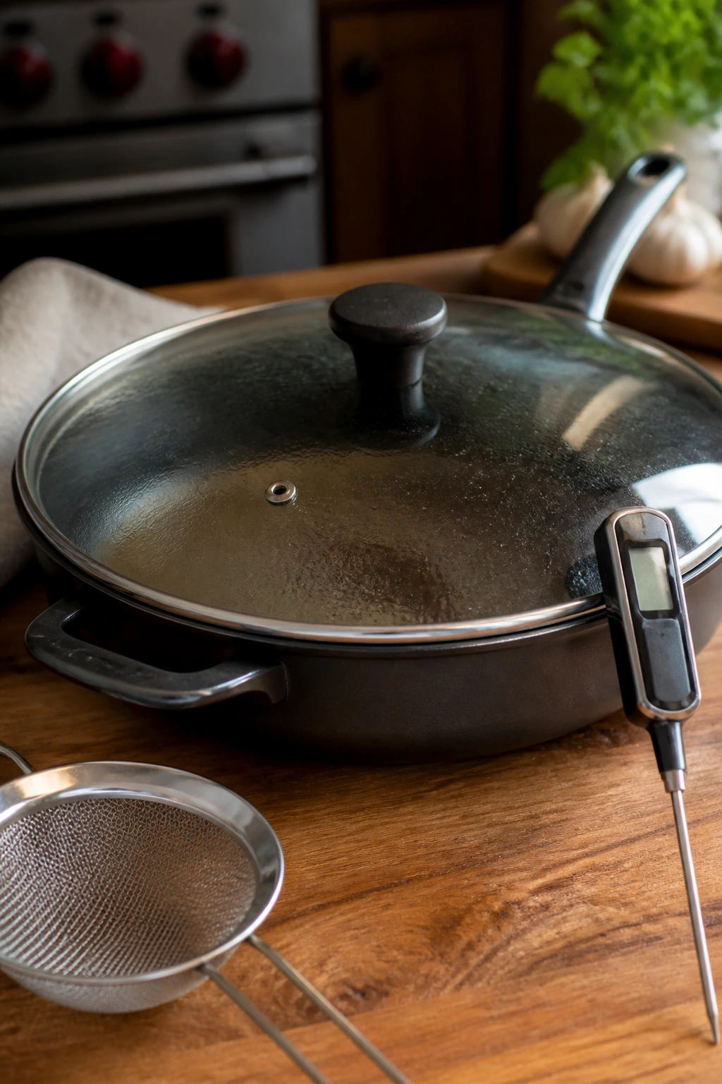 12-inch oven-safe skillet with lid and thermometer in a kitchen setup