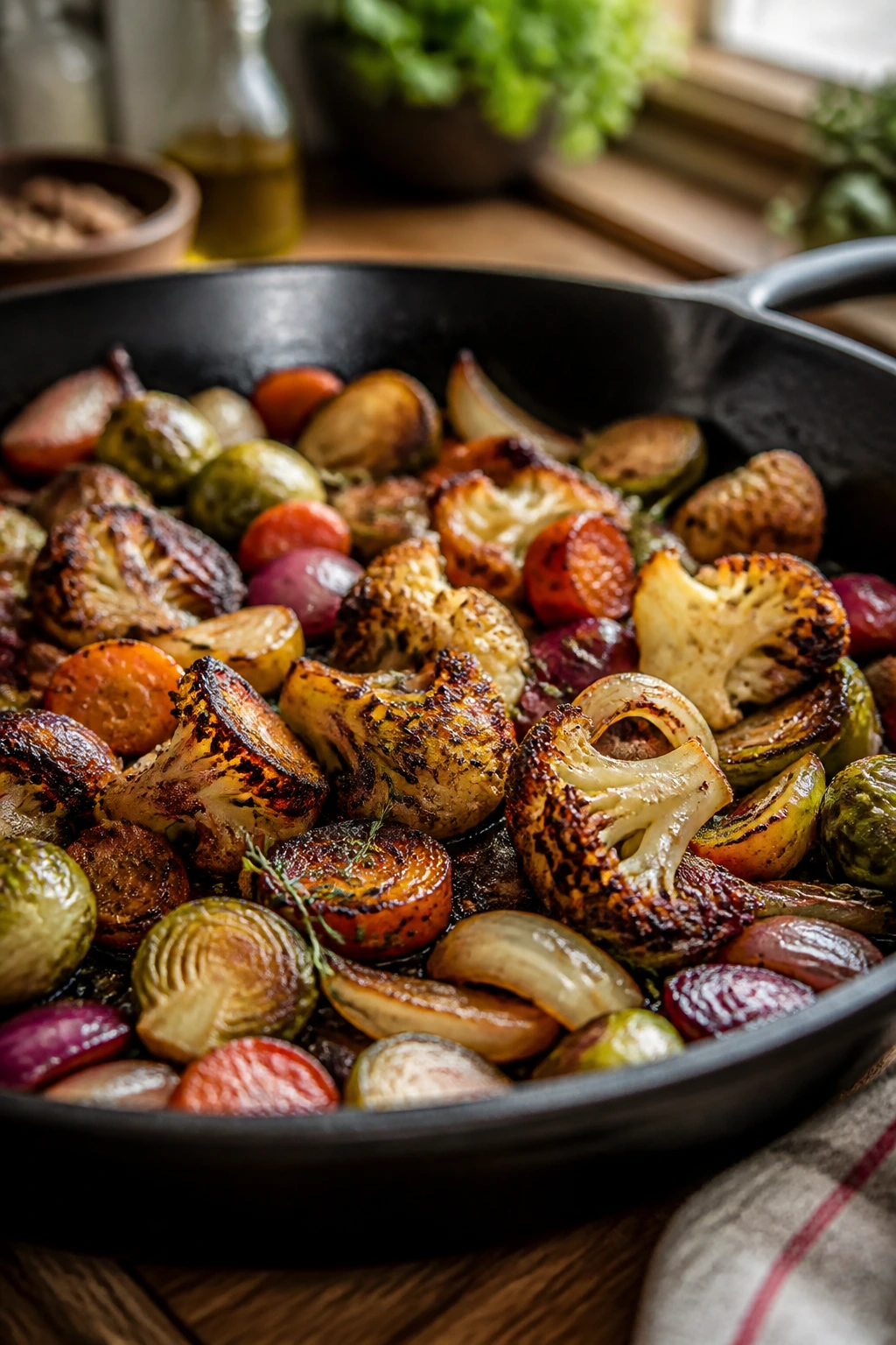 Close-up of caramelized vegetables in a skillet setting