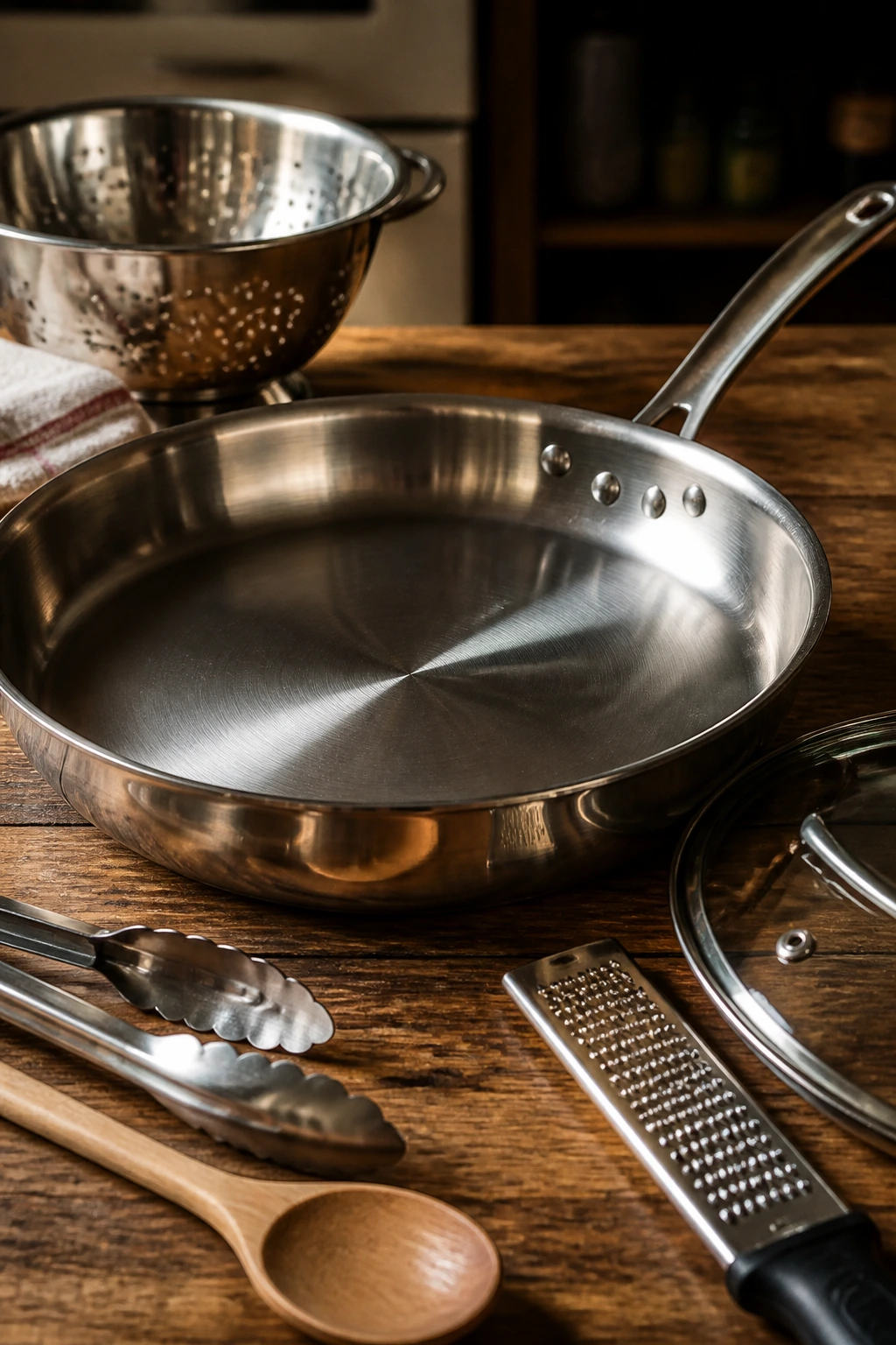 Close-up of essential skillet and kitchen tools on counter