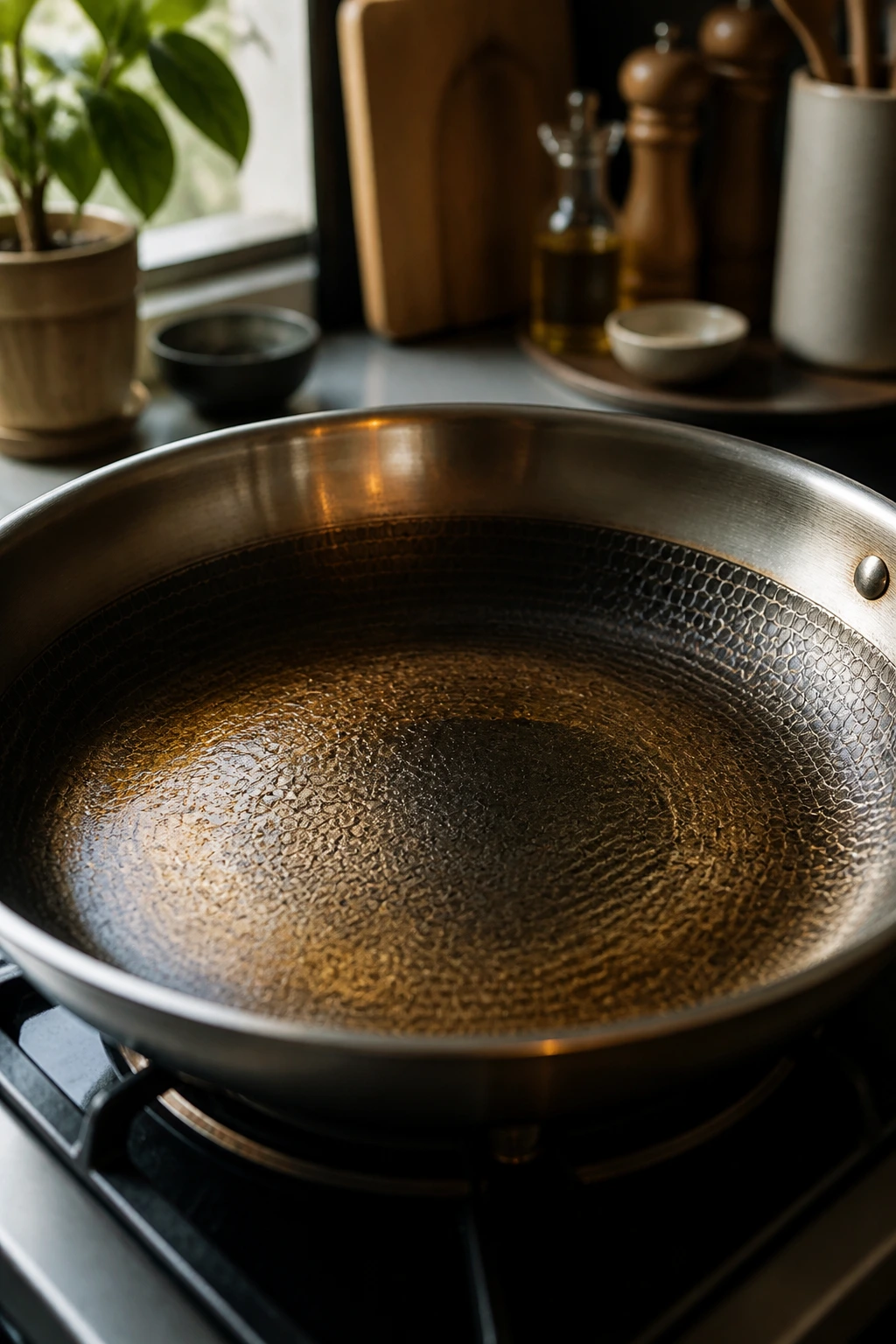 Close-up of a large skillet on a stove ready for browning