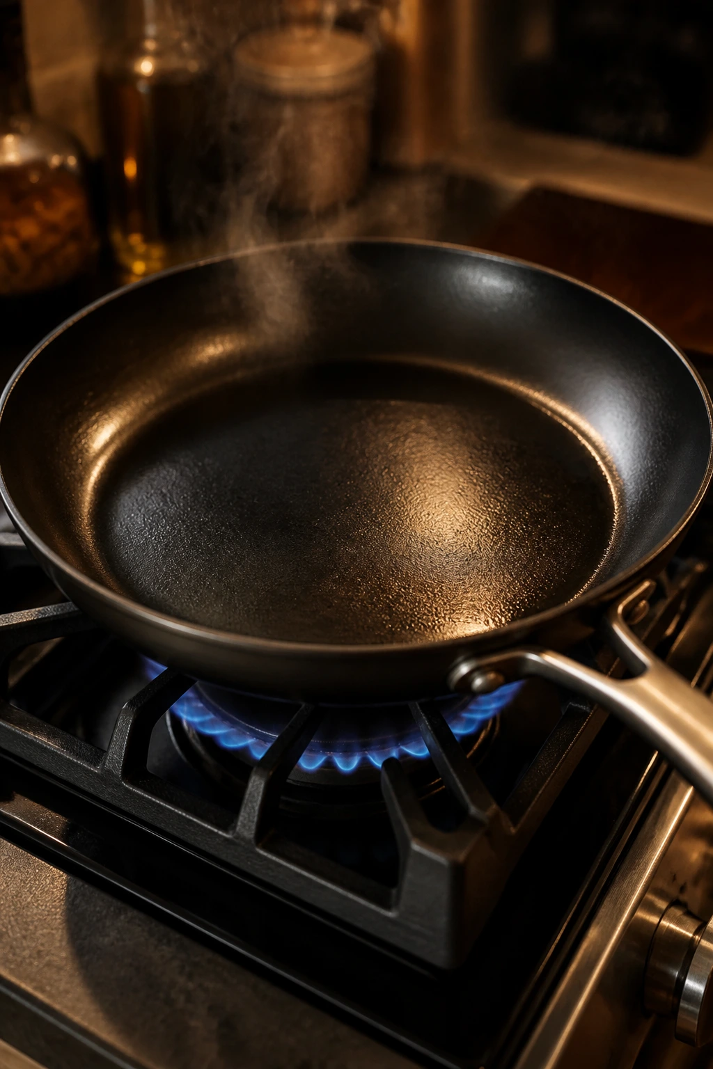 Close-up of a skillet on a stove as the hero tool for stir-fry