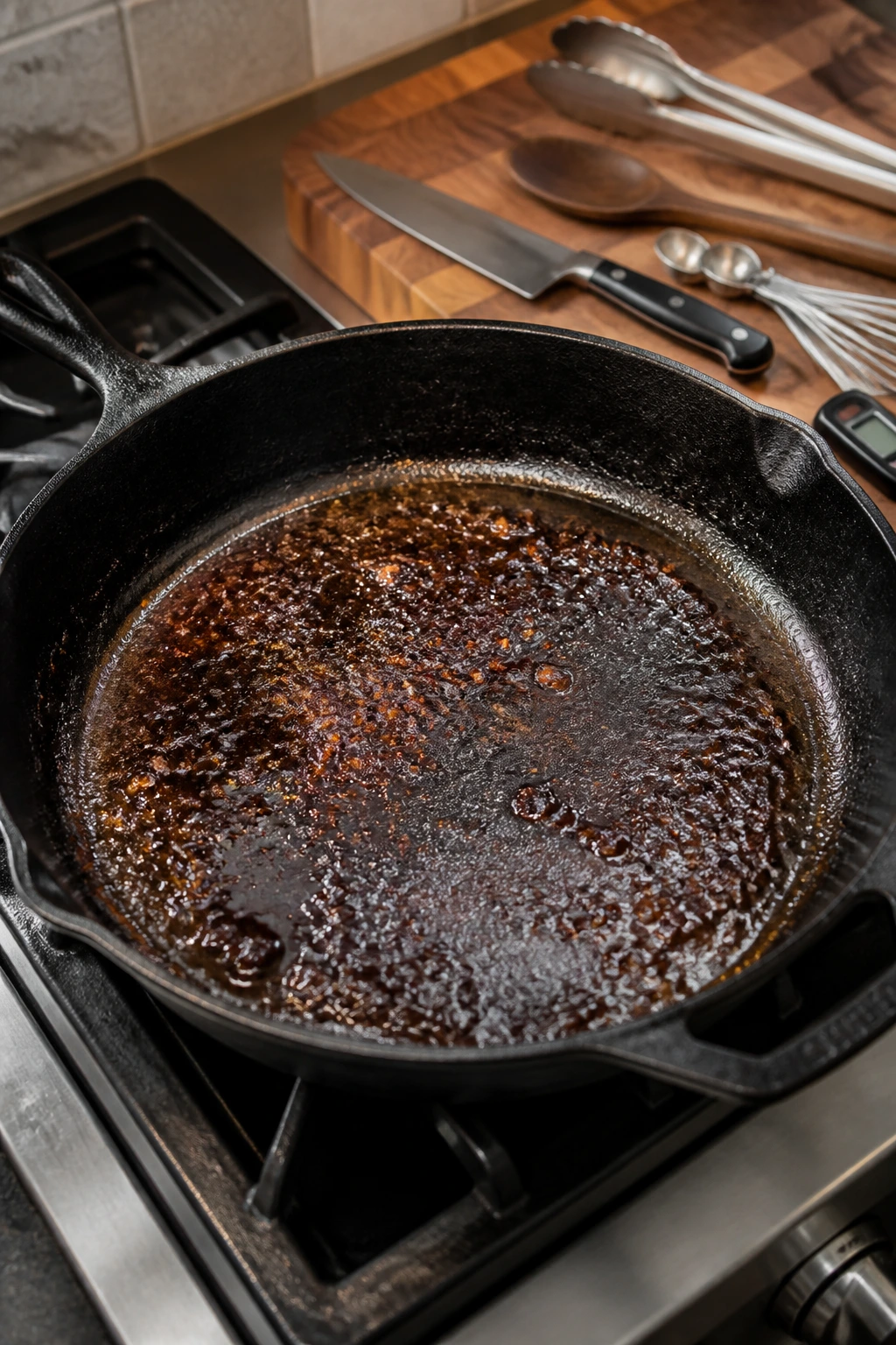 Heavy skillet with browned bits on stove