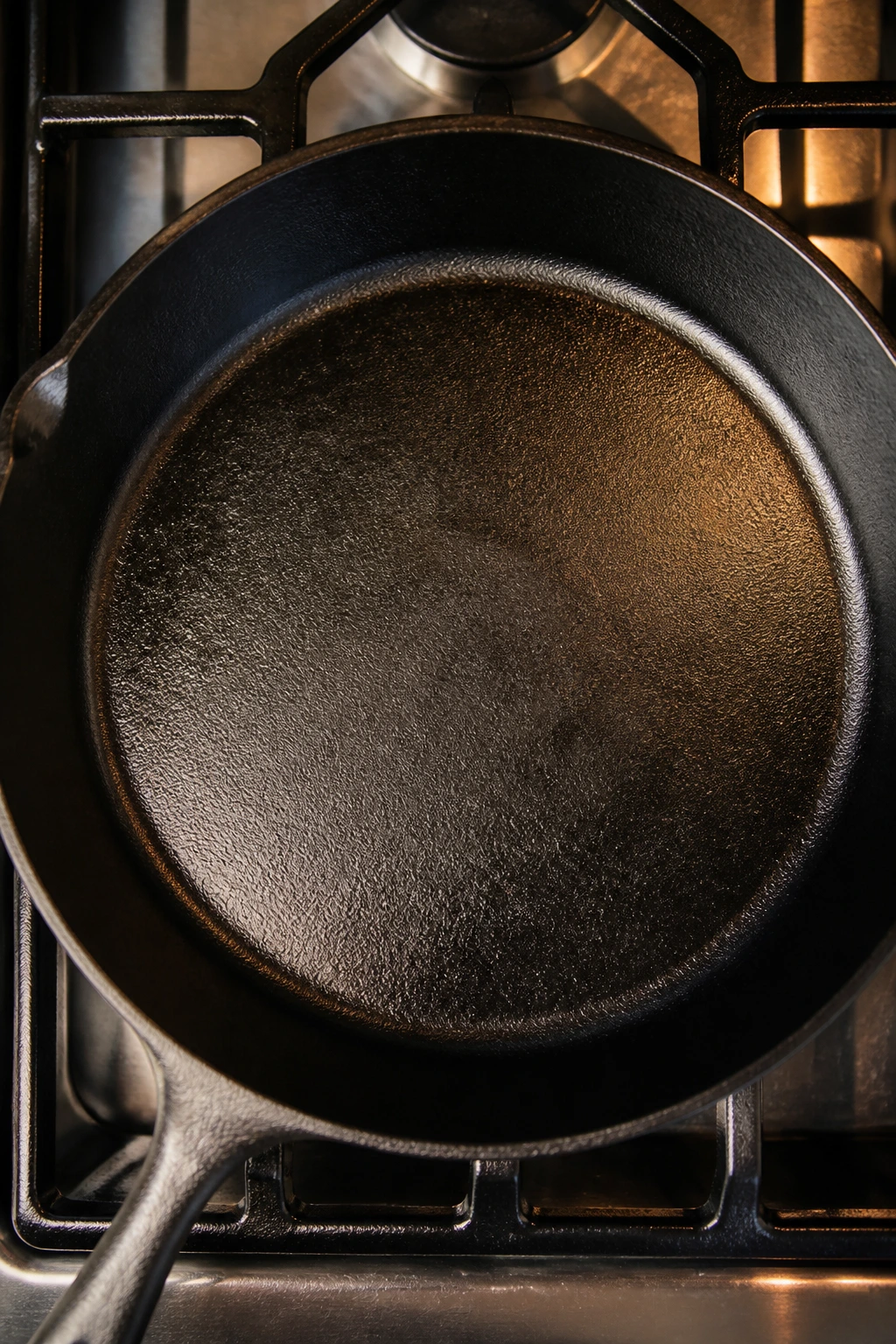Top-down view of a large skillet filling the frame