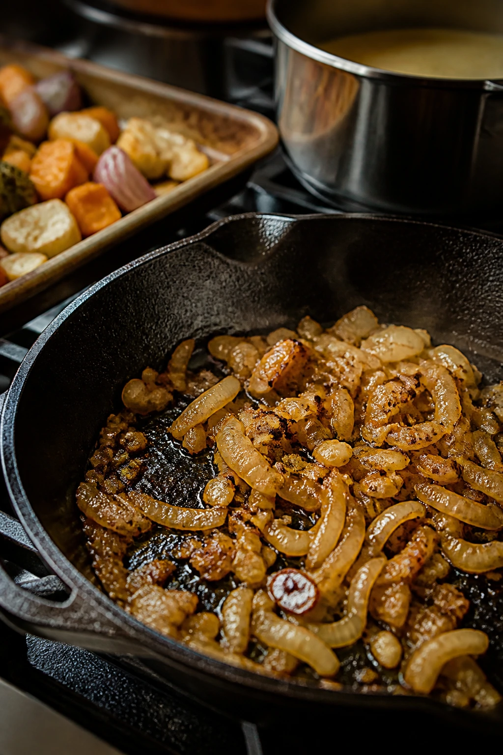 Close-up of a skillet on a stove with cookware in background