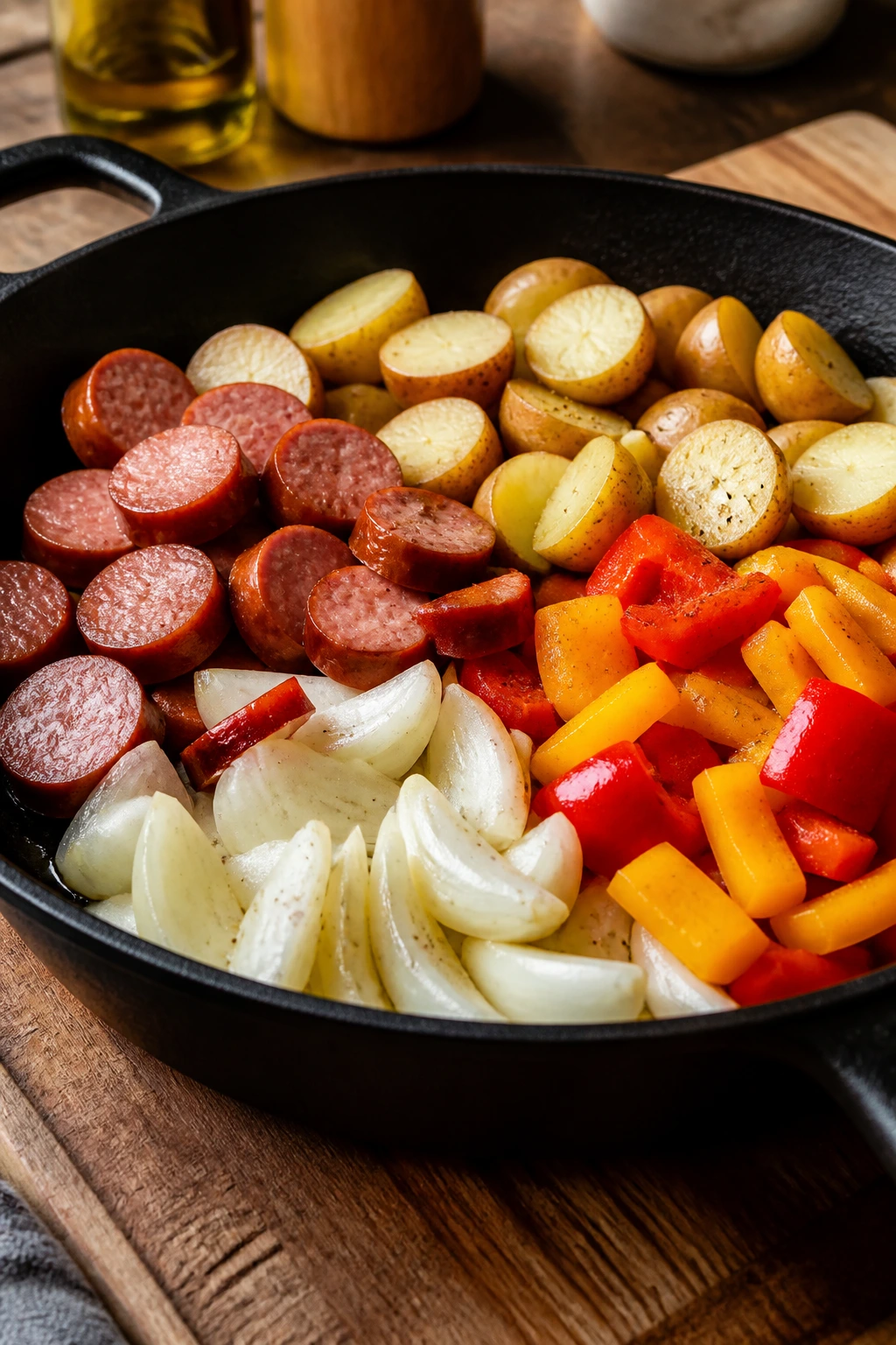 Close-up of sausage coins, potato halves, onion wedges, and bell pepper in a skillet for prep
