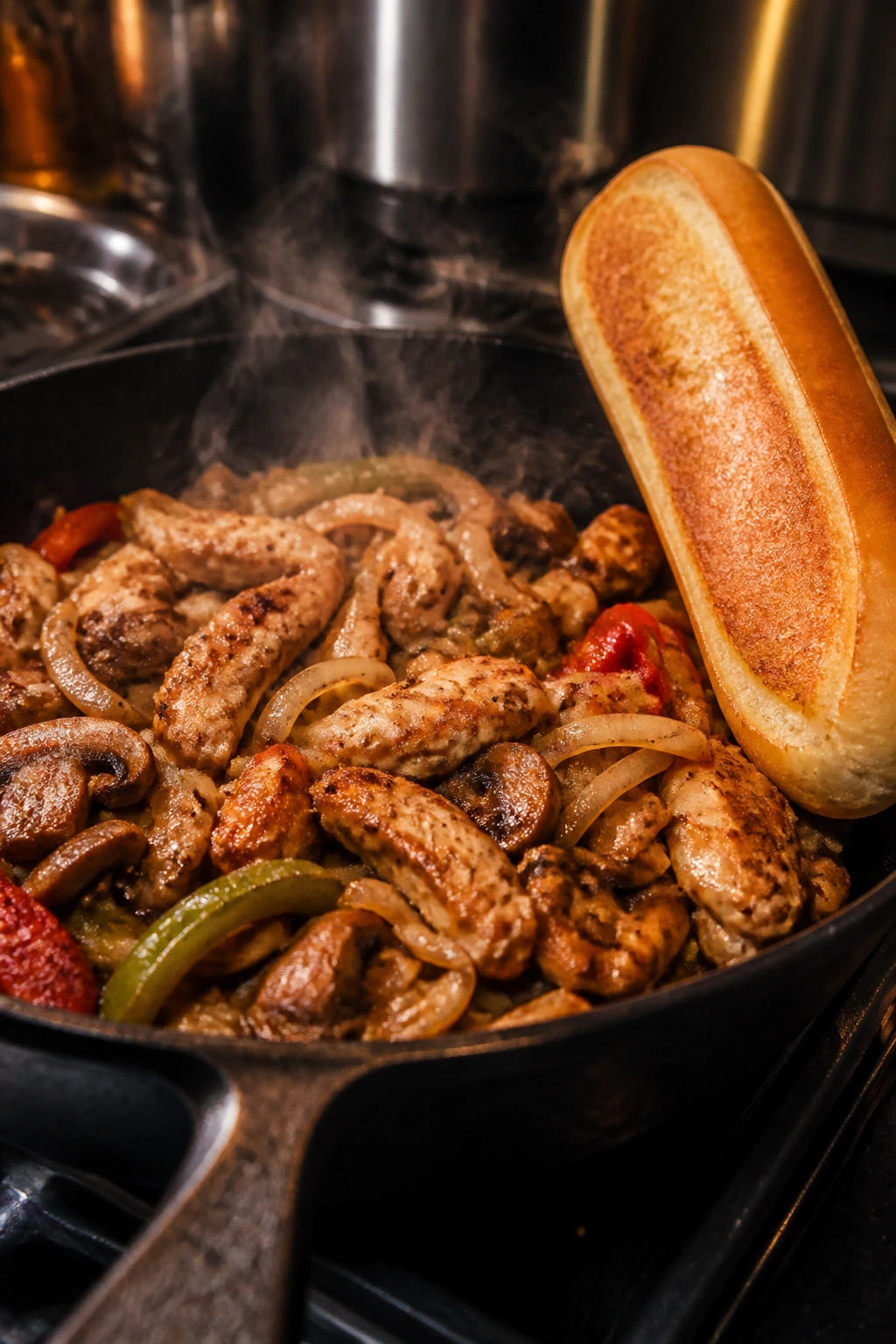 Skillet filled with chicken and vegetables beside a toasted roll