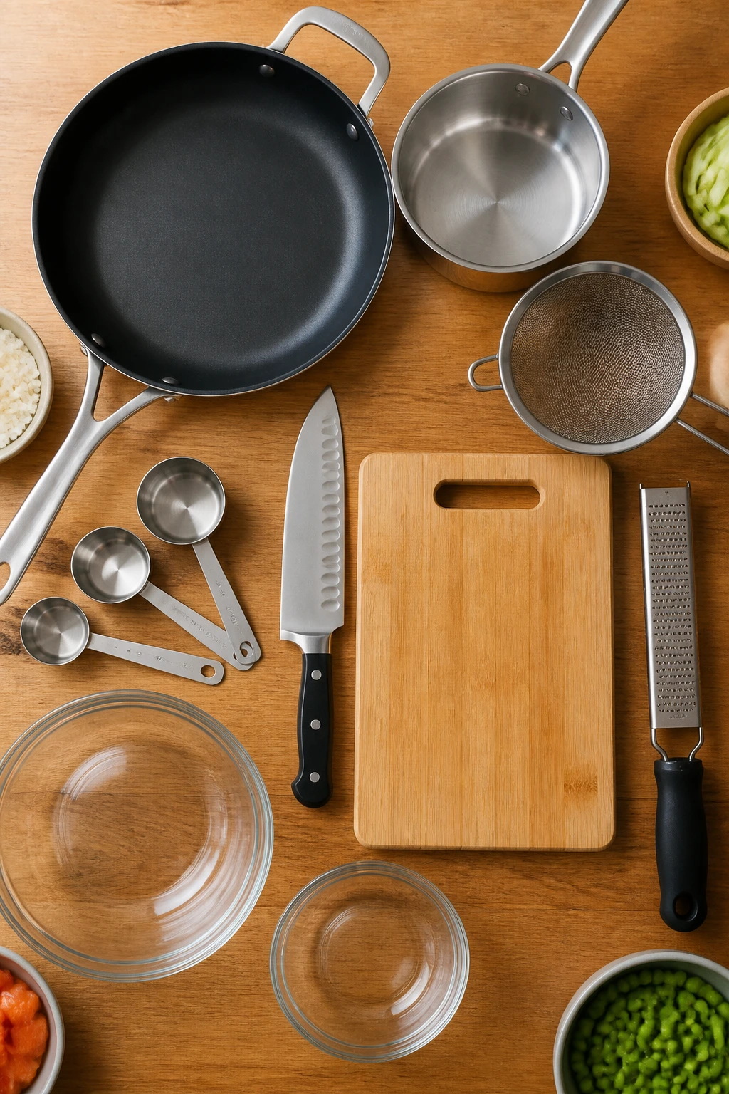 Top-down arrangement of salmon-bowl prep tools on wooden surface