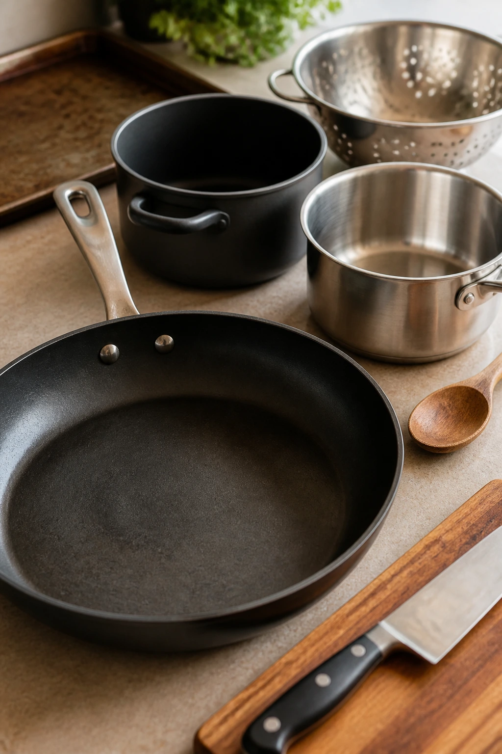 Kitchen counter with essential cookware laid out