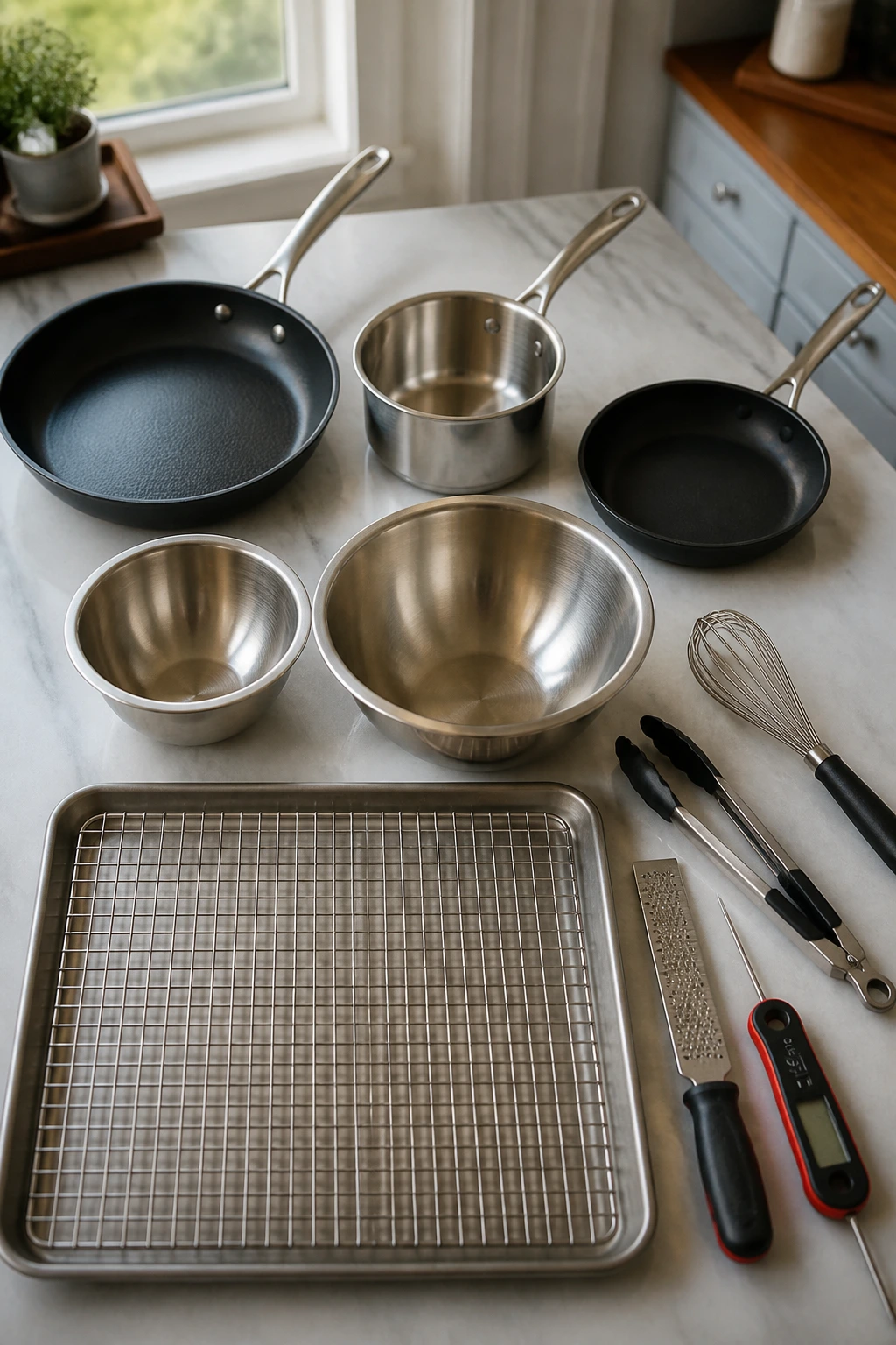 Flat lay of essential kitchen tools for teriyaki chicken and rice