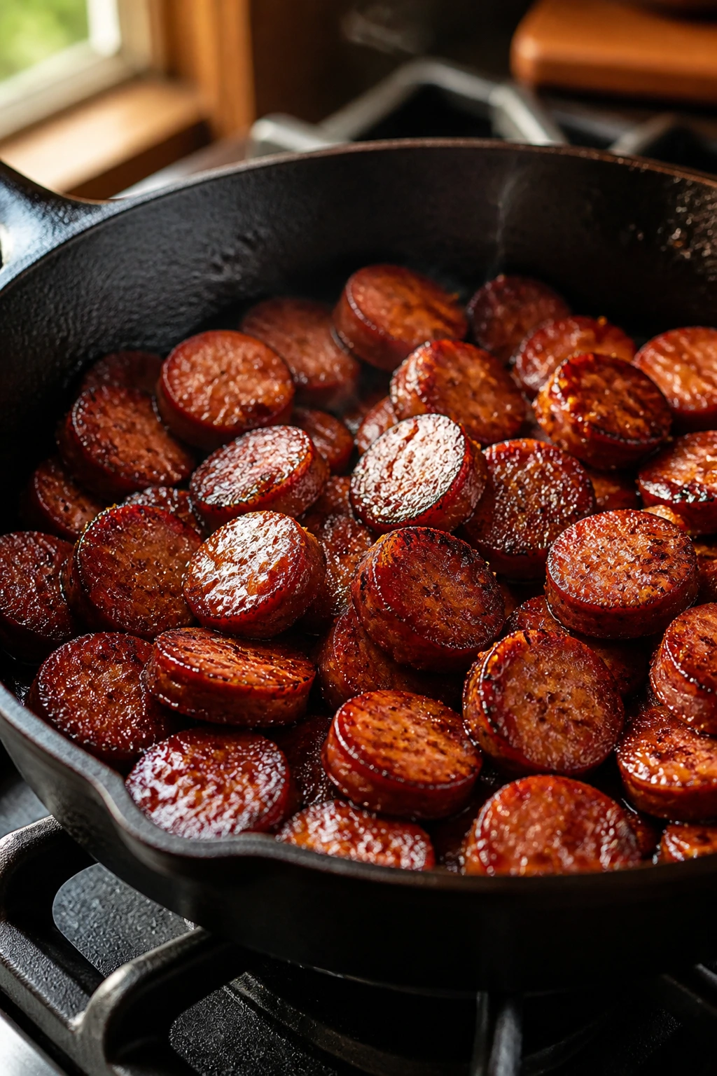 Close-up of a cast-iron skillet with crispy smoked sausage and glossy glaze